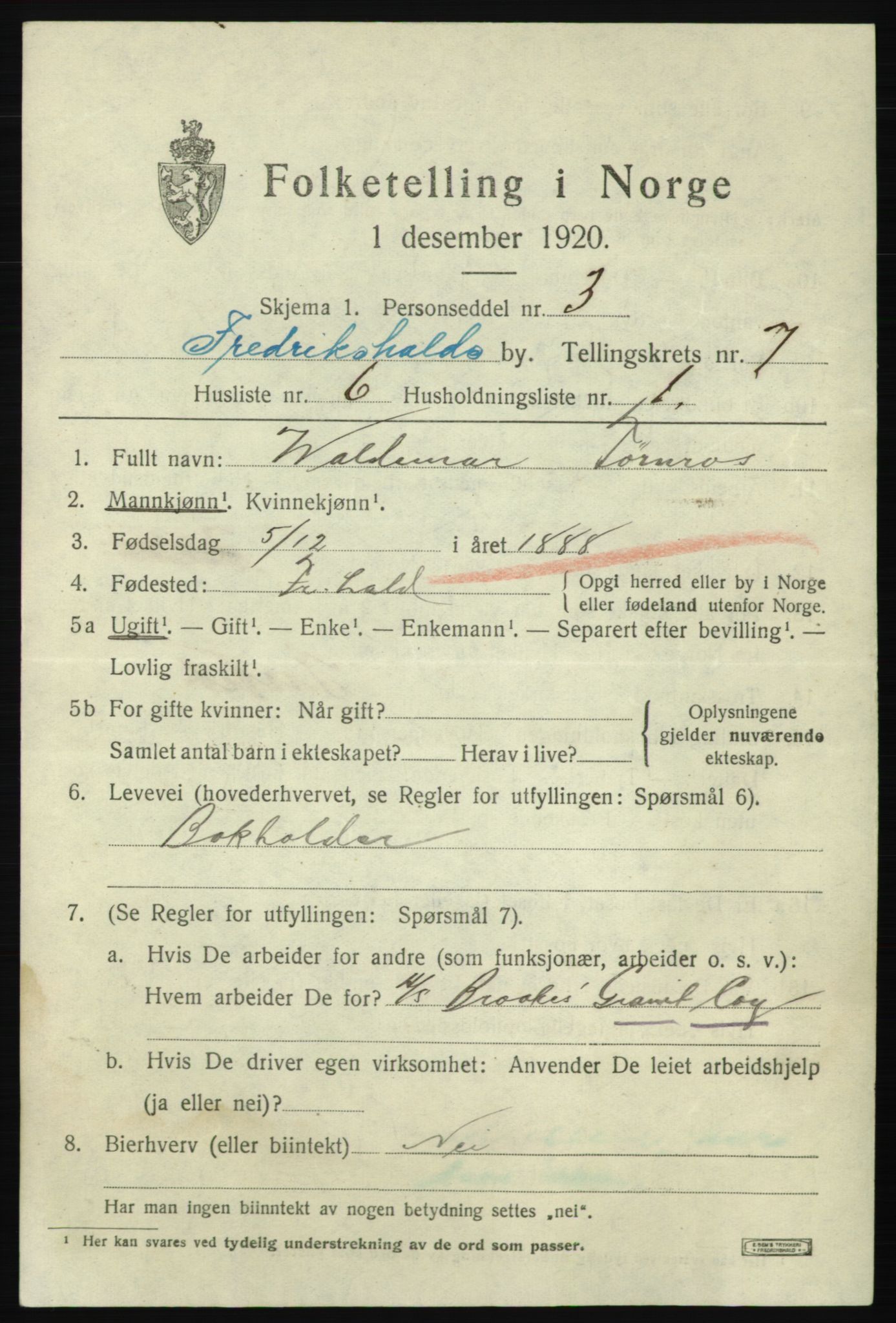 SAO, 1920 census for Fredrikshald, 1920, p. 13901
