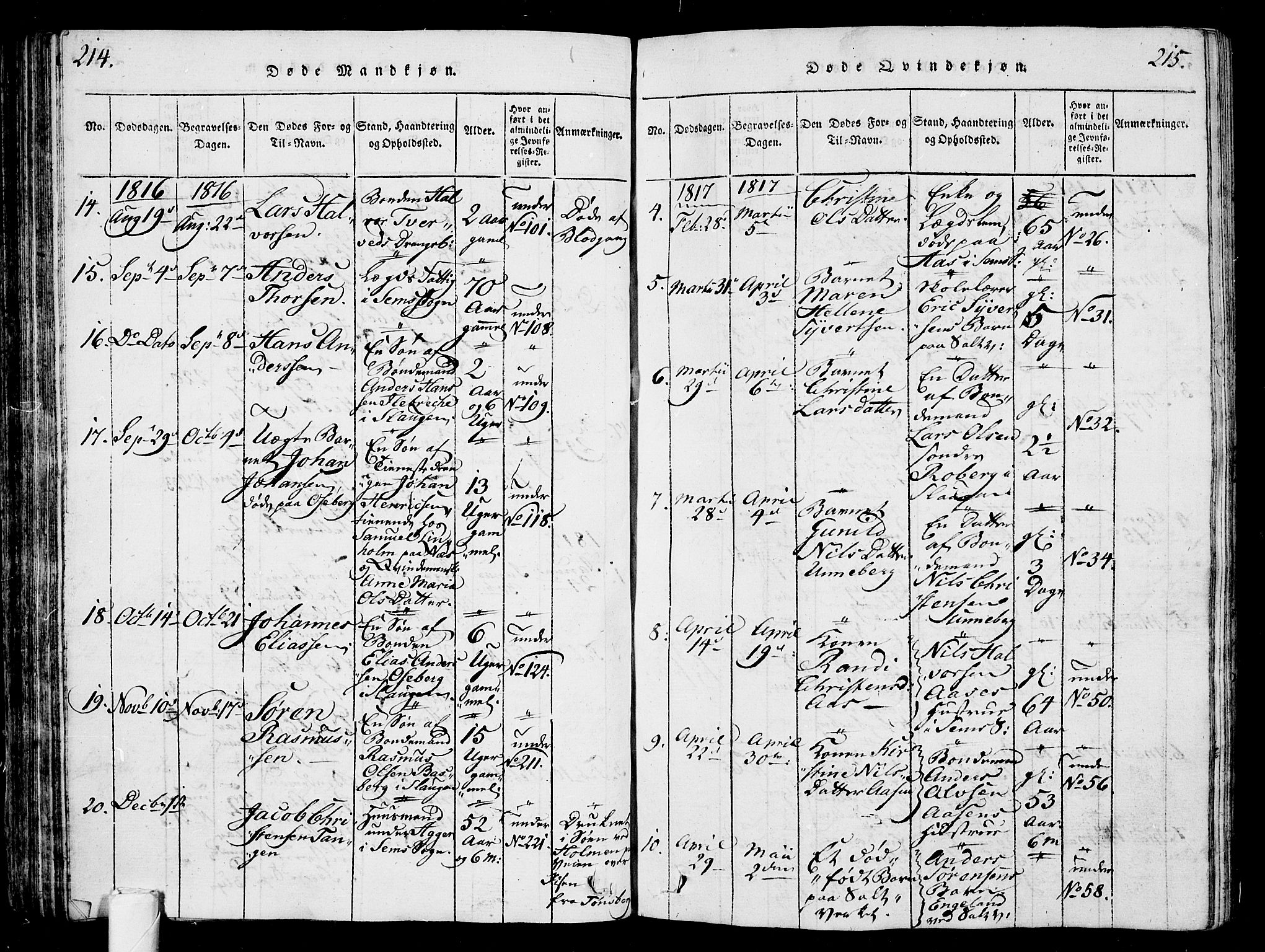 Sem kirkebøker, AV/SAKO-A-5/G/Ga/L0001: Parish register (copy) no. I 1, 1814-1825, p. 214-215