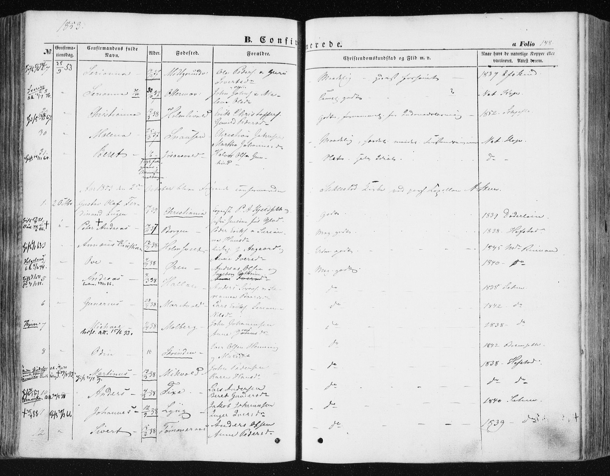 Ministerialprotokoller, klokkerbøker og fødselsregistre - Nord-Trøndelag, AV/SAT-A-1458/723/L0240: Parish register (official) no. 723A09, 1852-1860, p. 148