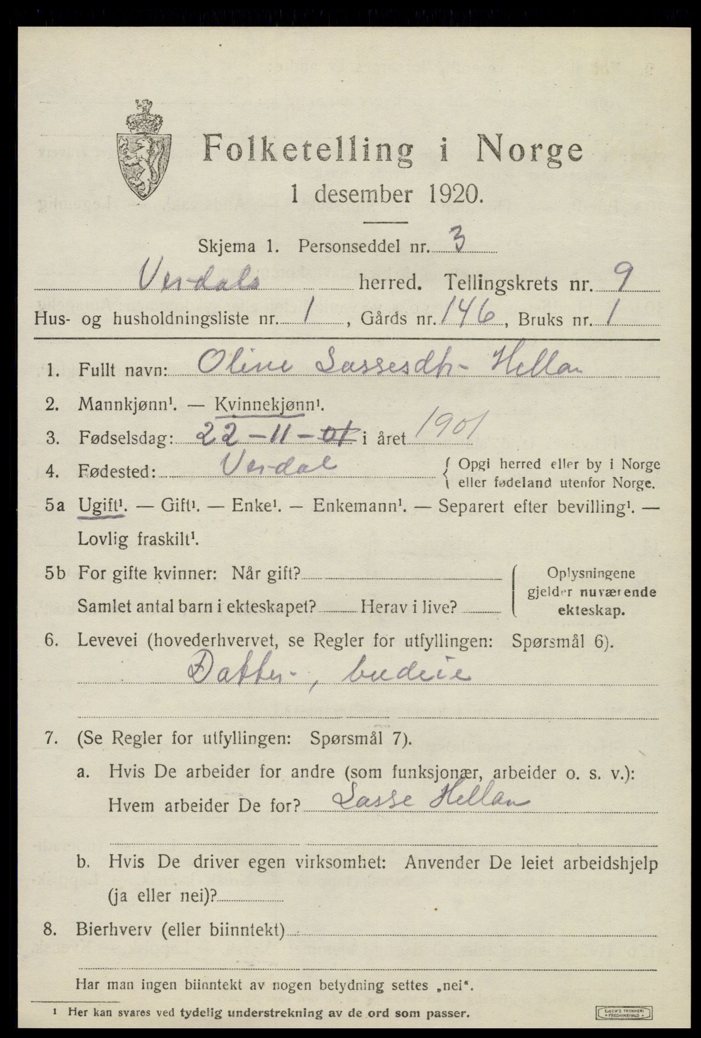 SAT, 1920 census for Verdal, 1920, p. 11359