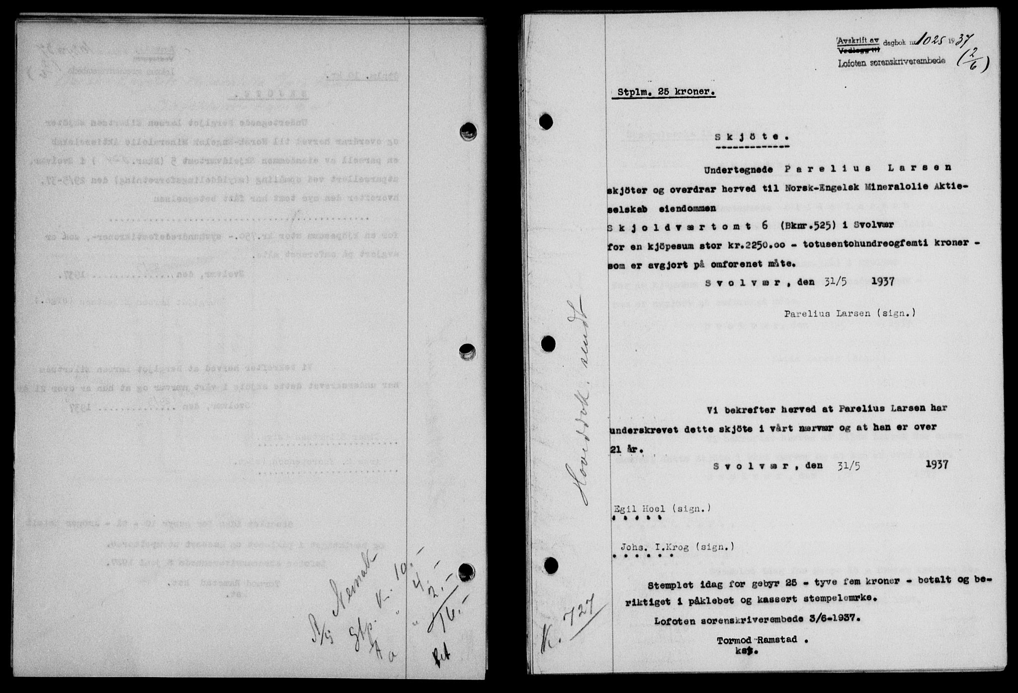 Lofoten sorenskriveri, SAT/A-0017/1/2/2C/L0002a: Mortgage book no. 2a, 1937-1937, Diary no: : 1025/1937