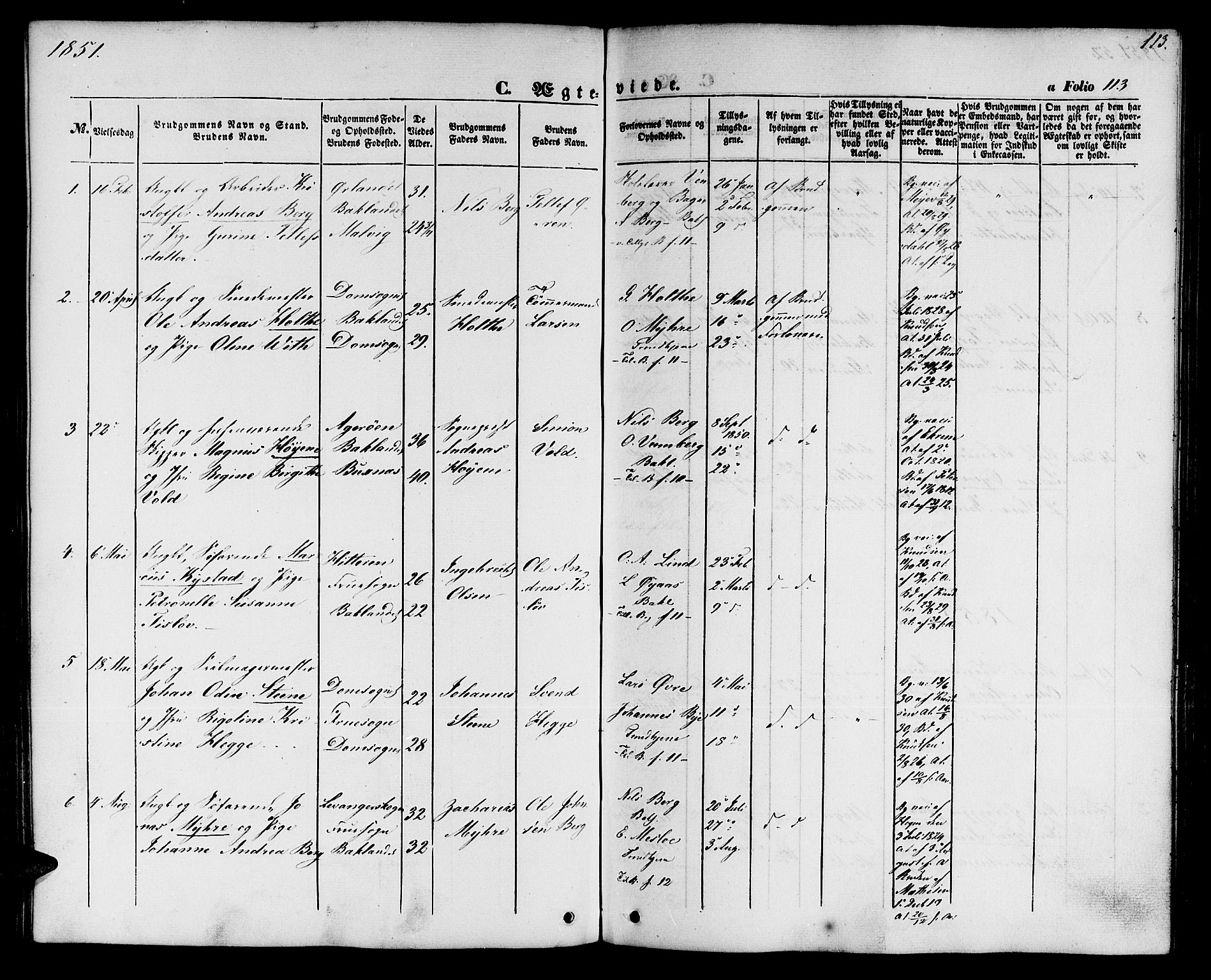 Ministerialprotokoller, klokkerbøker og fødselsregistre - Sør-Trøndelag, SAT/A-1456/604/L0184: Parish register (official) no. 604A05, 1851-1860, p. 113