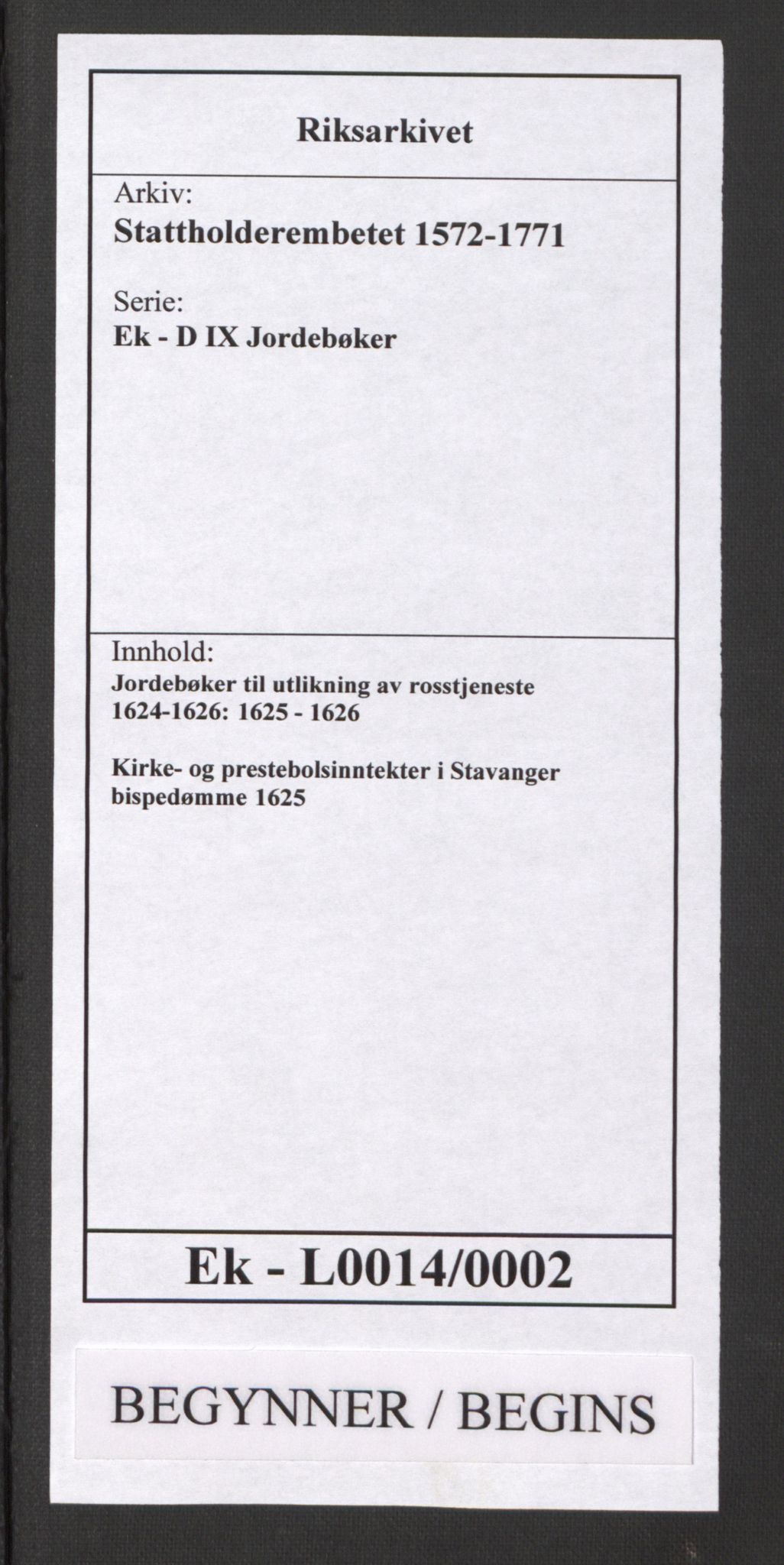 Stattholderembetet 1572-1771, RA/EA-2870/Ek/L0014/0002: Jordebøker til utlikning av rosstjeneste 1624-1626: / Kirke- og prestebolsinntekter i Stavanger bispedømme, 1625, p. 1