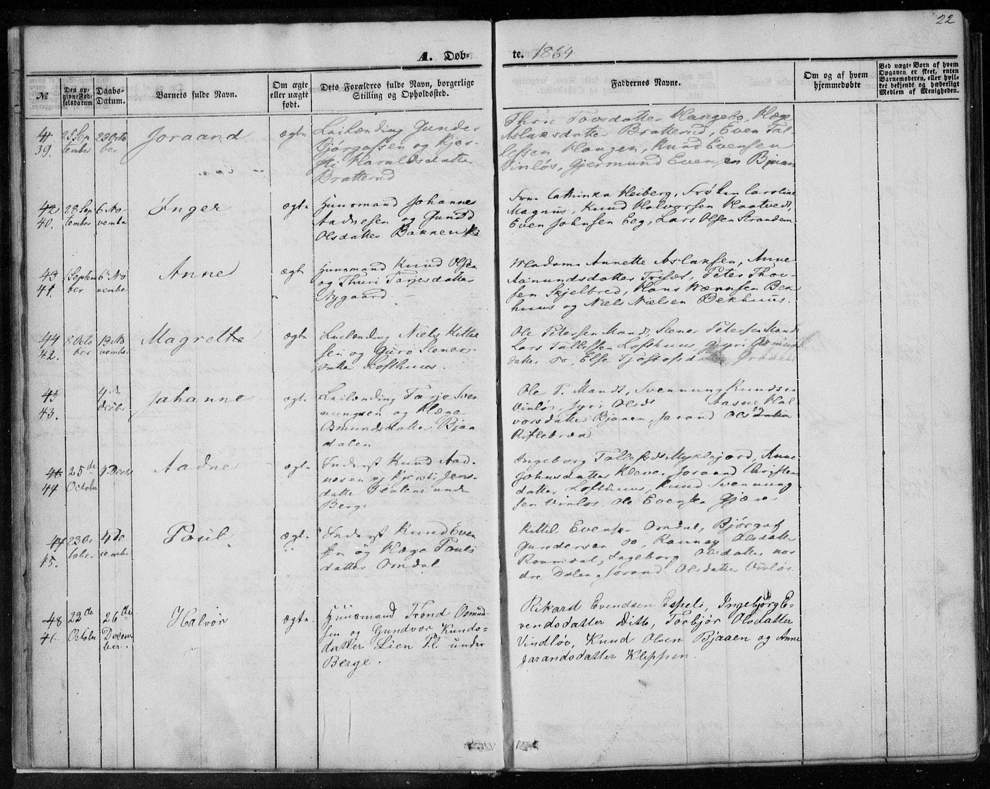 Lårdal kirkebøker, SAKO/A-284/F/Fa/L0006: Parish register (official) no. I 6, 1861-1886, p. 22
