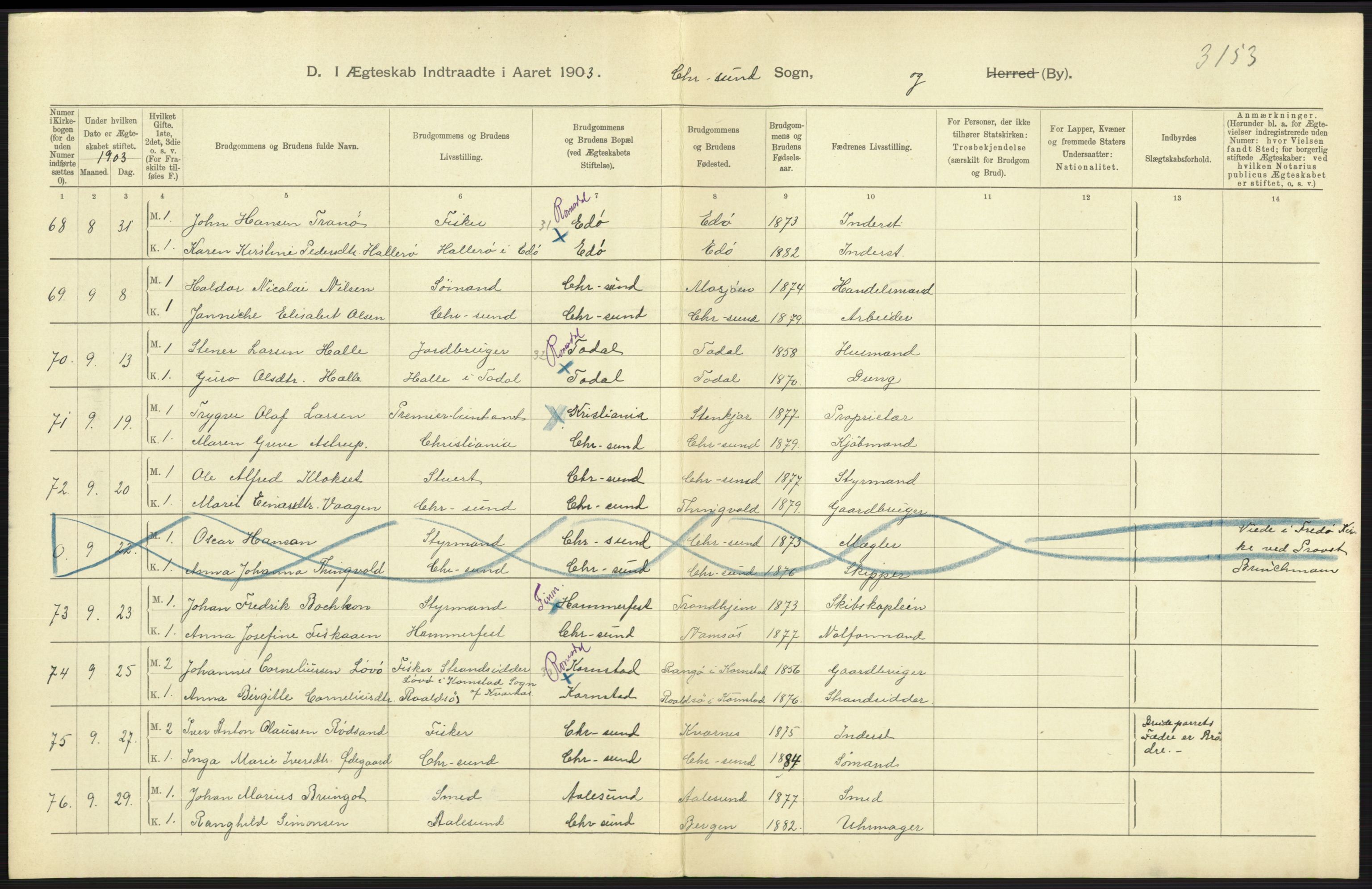 Statistisk sentralbyrå, Sosiodemografiske emner, Befolkning, AV/RA-S-2228/D/Df/Dfa/Dfaa/L0016: Romsdal amt: Fødte, gifte, døde., 1903, p. 711