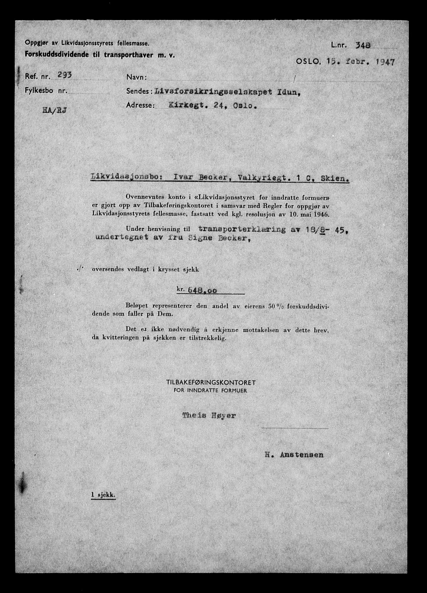 Justisdepartementet, Tilbakeføringskontoret for inndratte formuer, RA/S-1564/H/Hc/Hcd/L0990: --, 1945-1947, p. 234