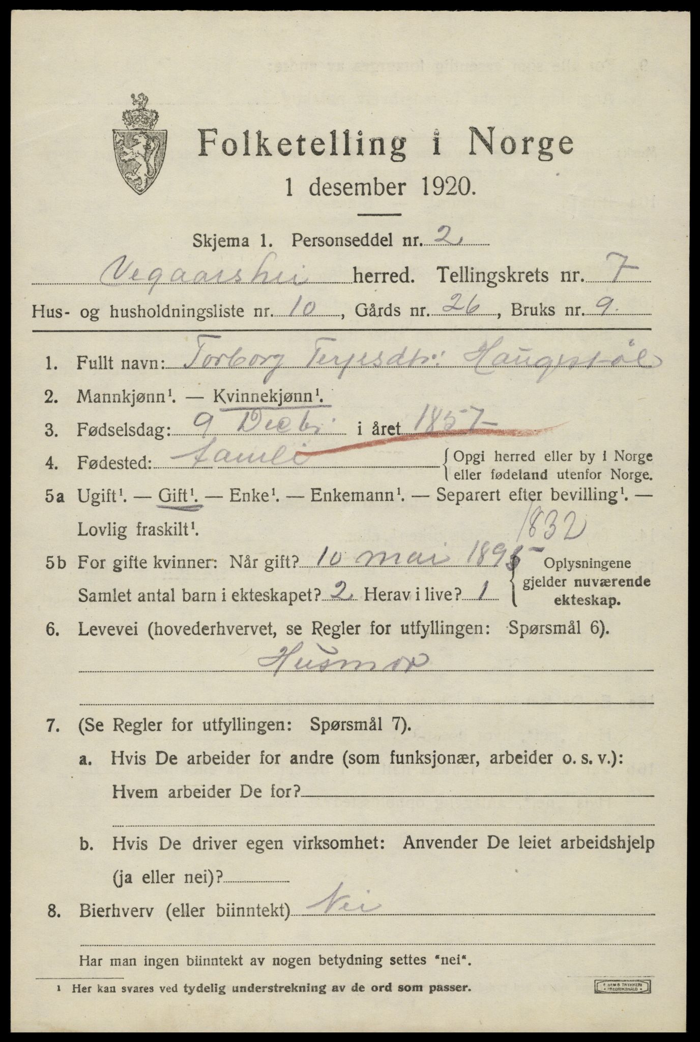 SAK, 1920 census for Vegårshei, 1920, p. 2536