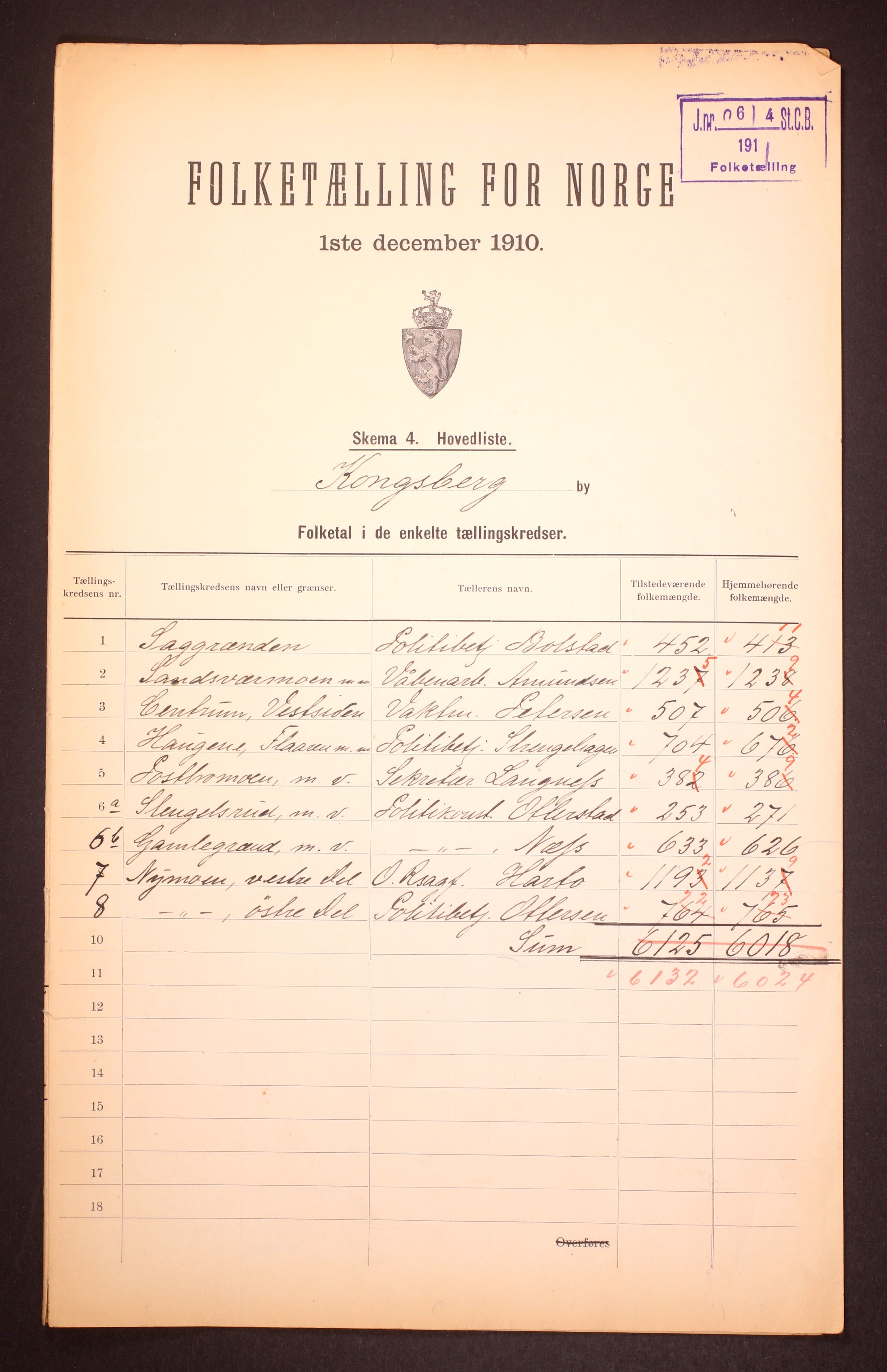 RA, 1910 census for Kongsberg, 1910, p. 1