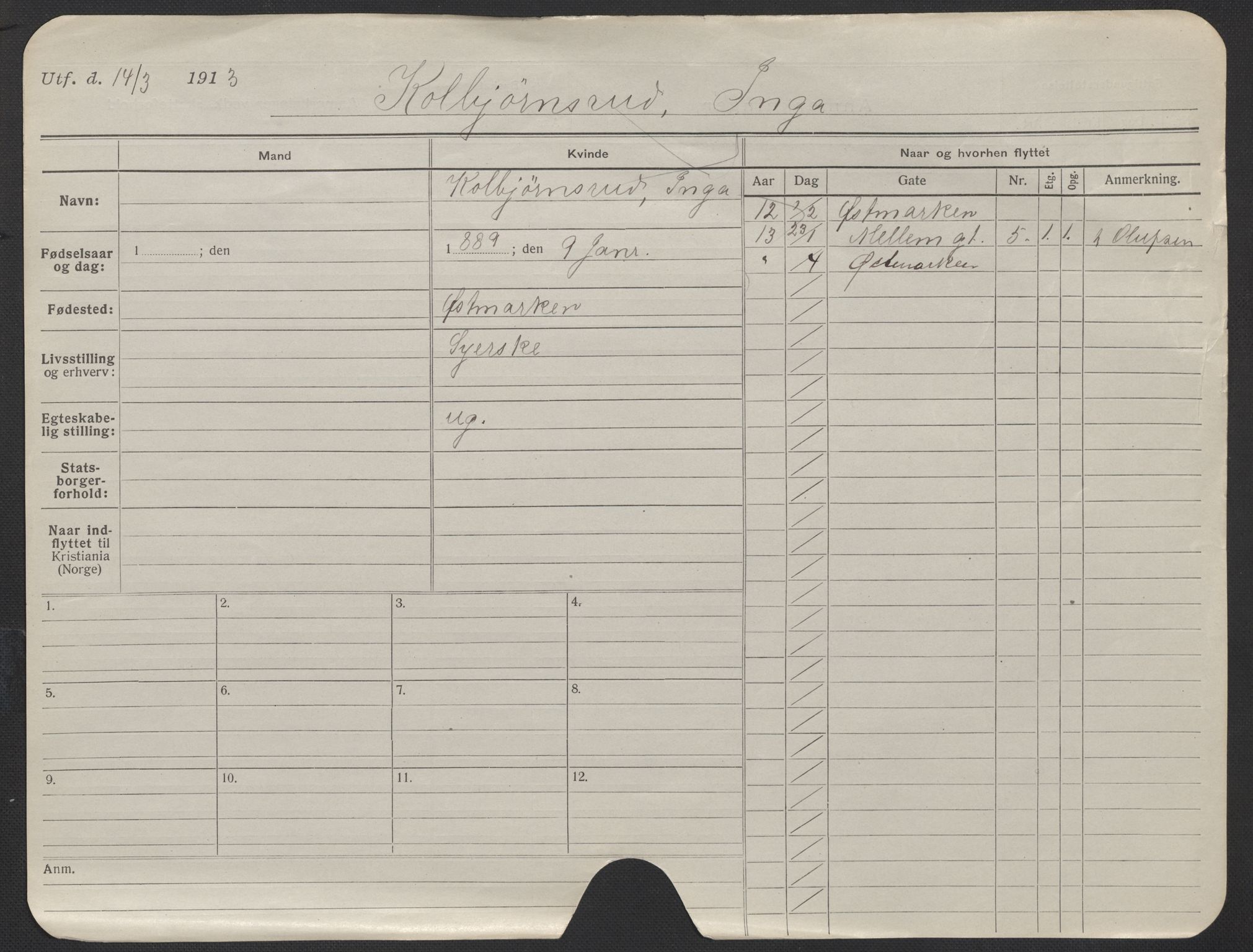 Oslo folkeregister, Registerkort, AV/SAO-A-11715/F/Fa/Fac/L0019: Kvinner, 1906-1914, p. 4a