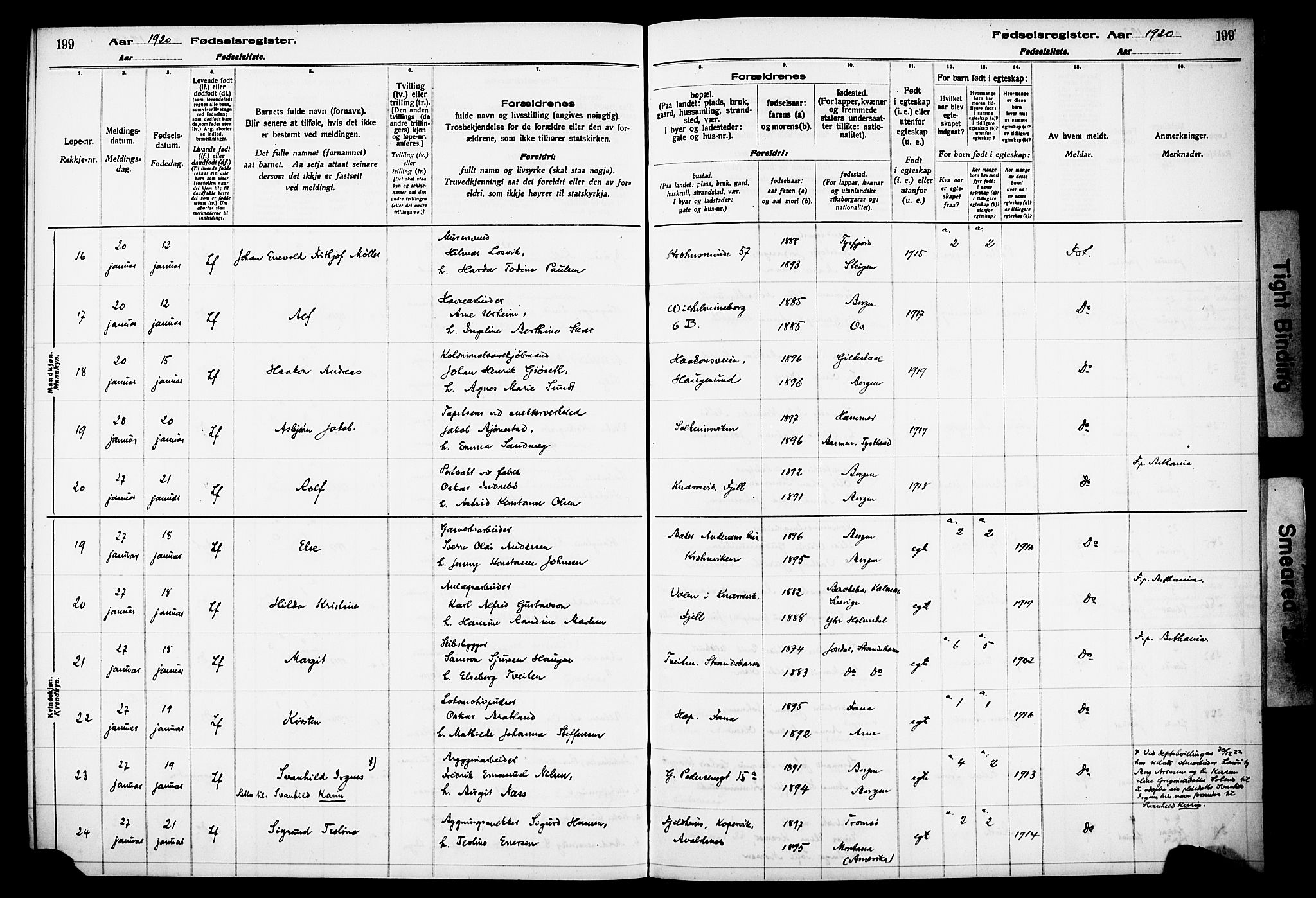 Kvinneklinikken, AV/SAB-A-76301/F/L0A01: Birth register no. A 1, 1916-1920, p. 199