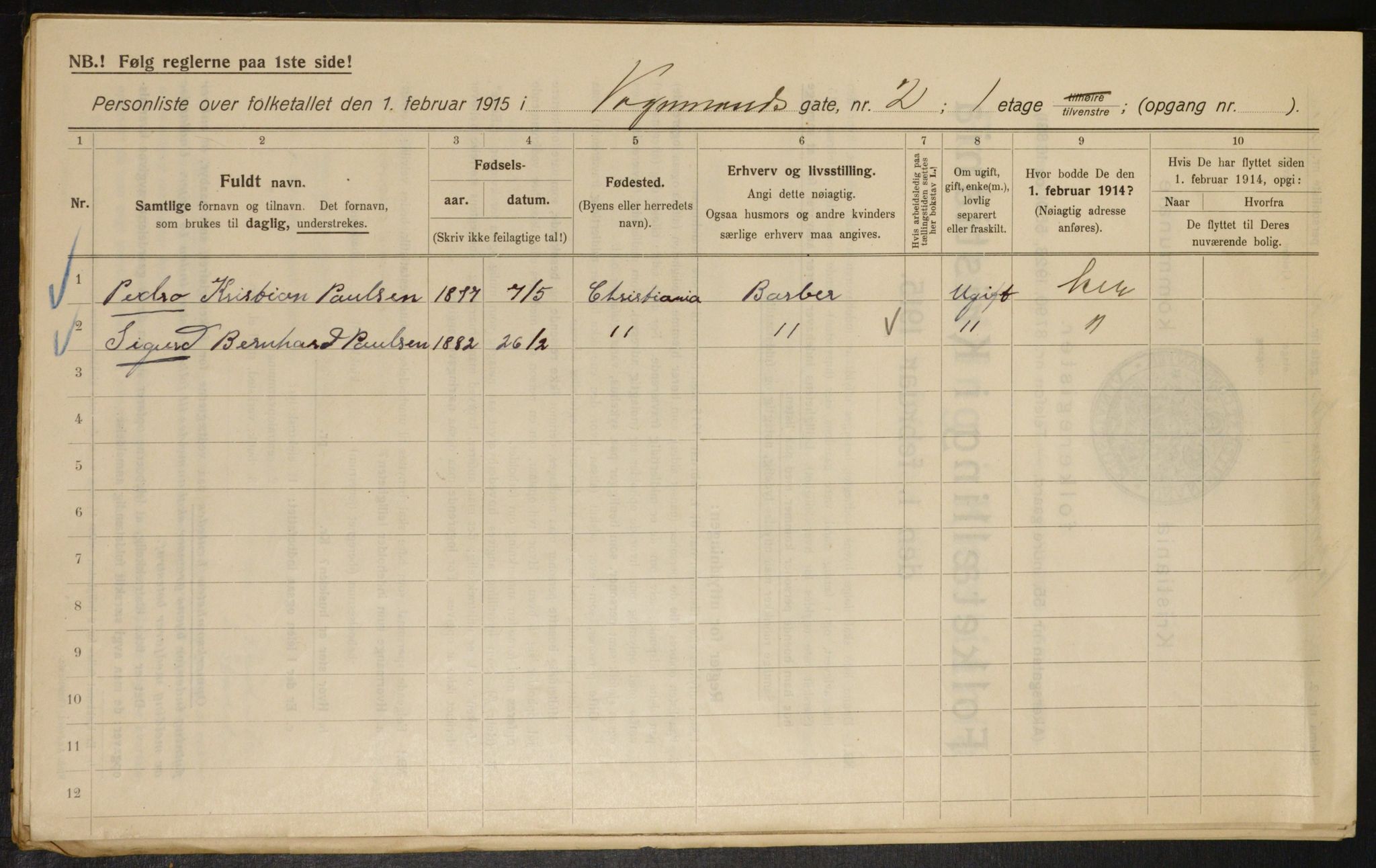 OBA, Municipal Census 1915 for Kristiania, 1915, p. 124692