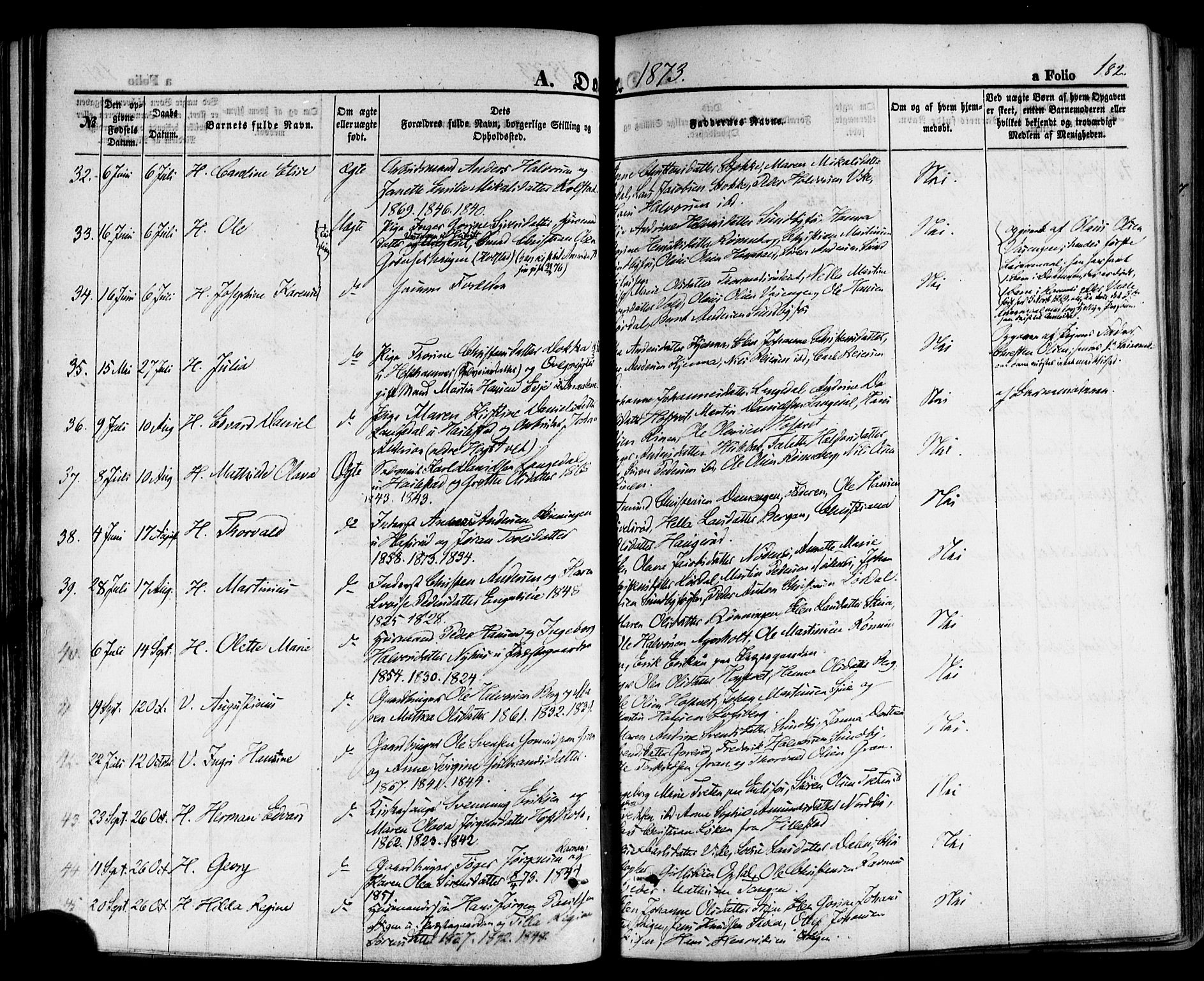 Hof kirkebøker, SAKO/A-64/F/Fa/L0006: Parish register (official) no. I 6, 1851-1877, p. 182