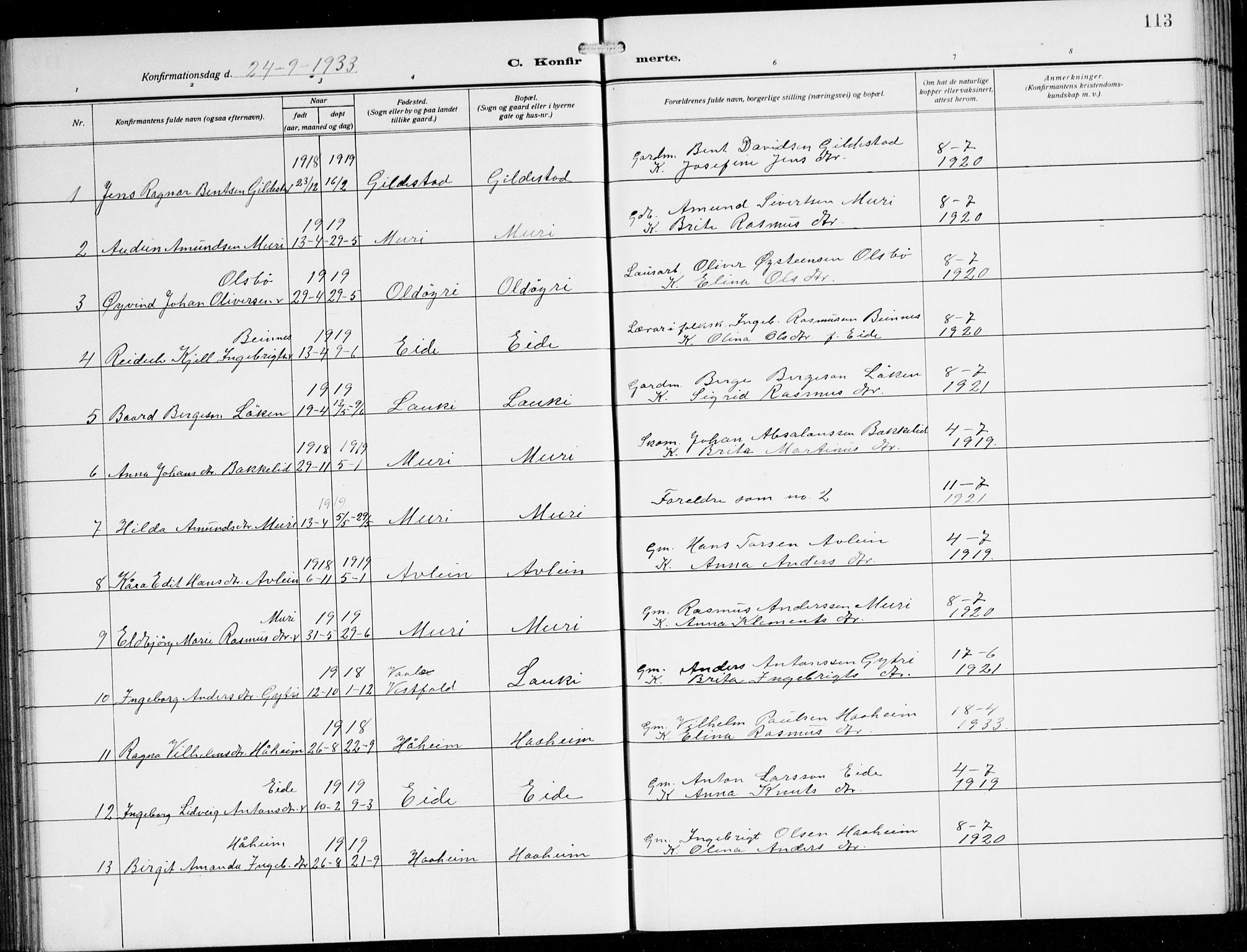 Innvik sokneprestembete, AV/SAB-A-80501: Parish register (copy) no. B 5, 1915-1943, p. 113