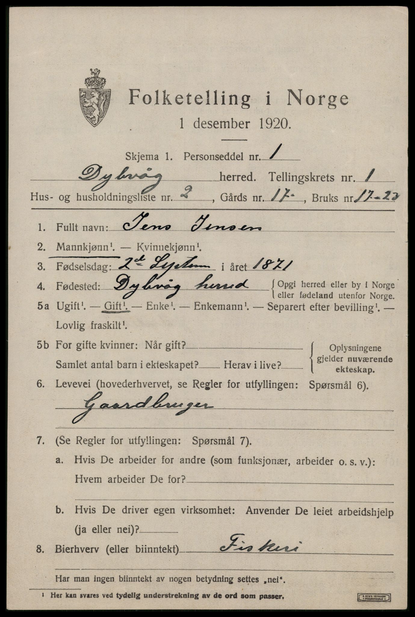 SAK, 1920 census for Dypvåg, 1920, p. 1313