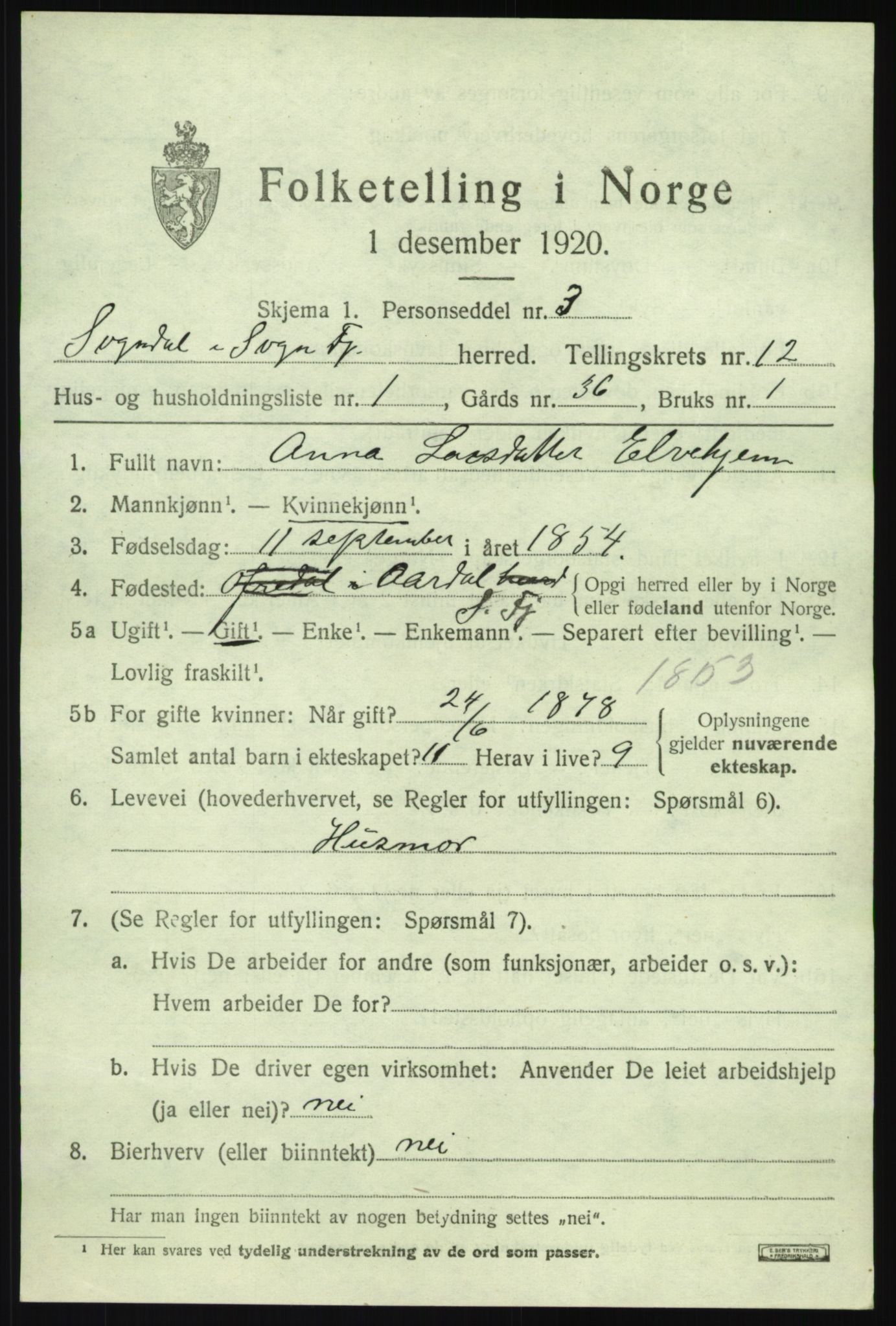 SAB, 1920 census for Sogndal, 1920, p. 5173