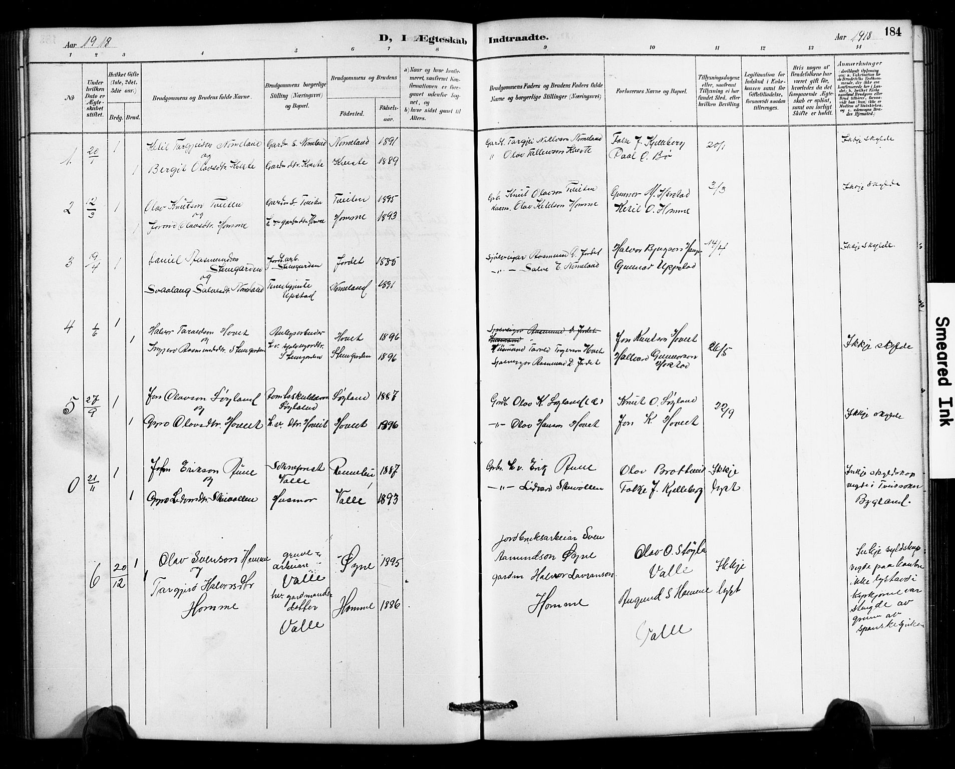 Valle sokneprestkontor, SAK/1111-0044/F/Fb/Fbc/L0004: Parish register (copy) no. B 4, 1890-1928, p. 184