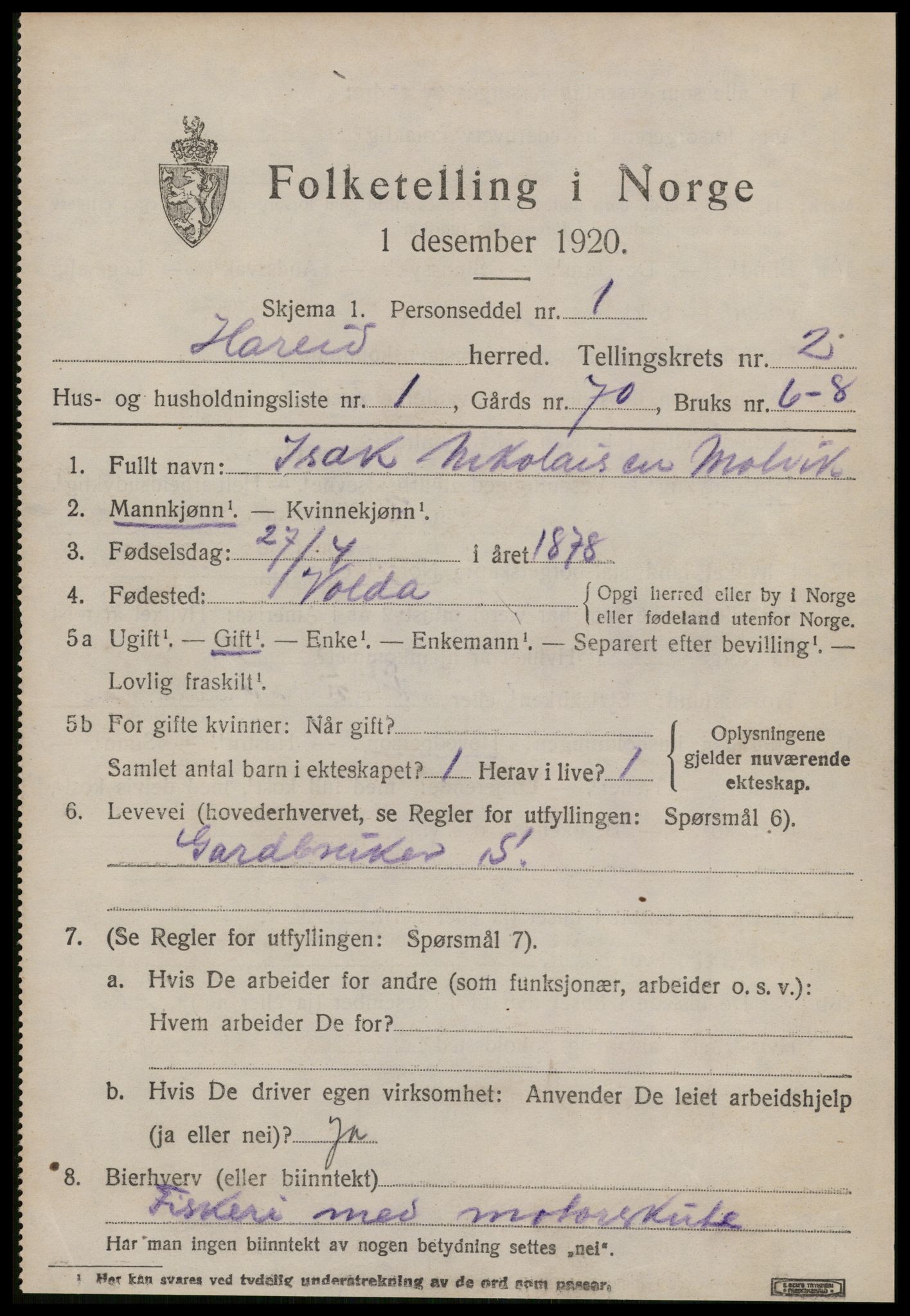 SAT, 1920 census for Hareid, 1920, p. 935