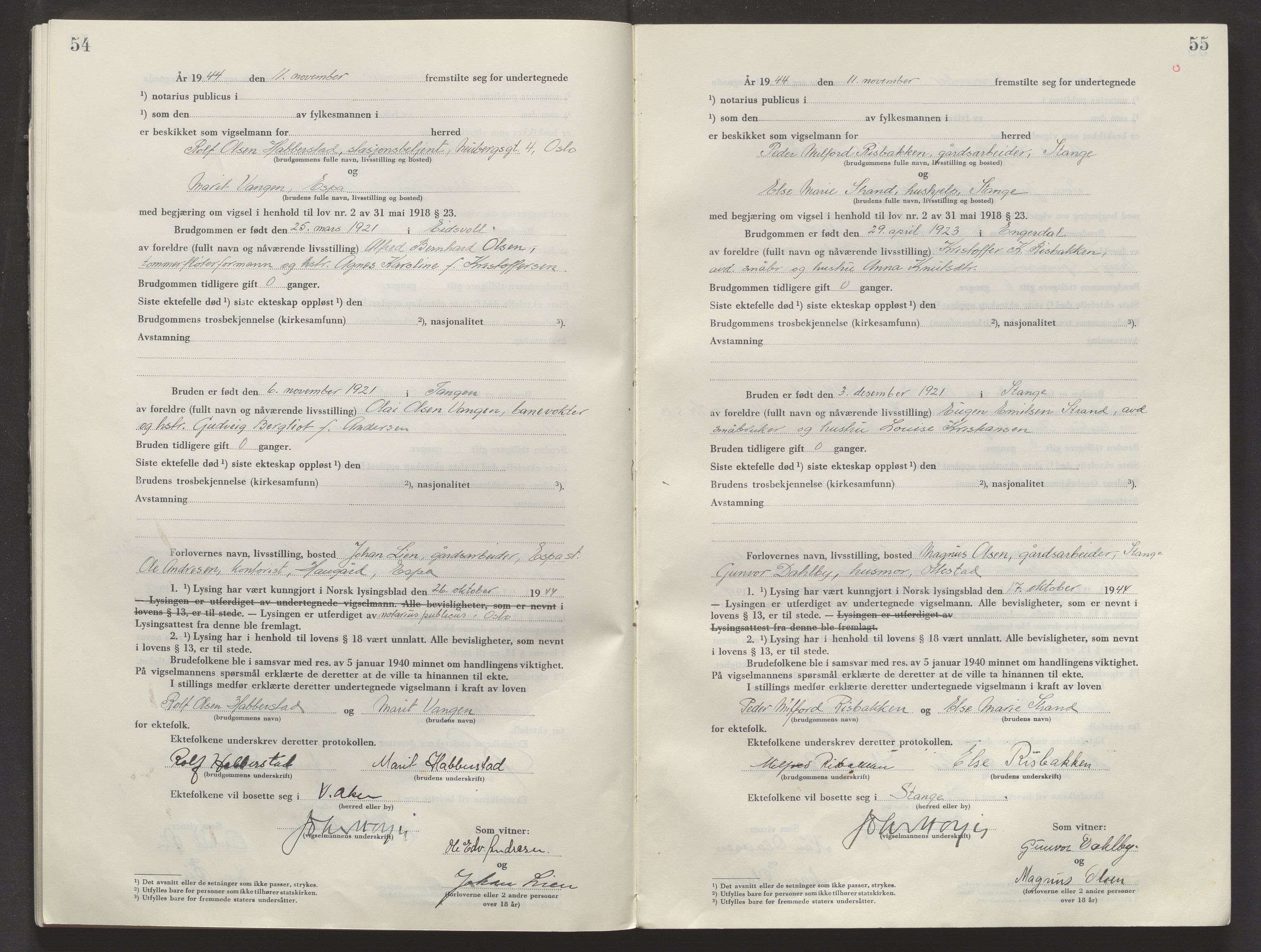 Sør-Hedmark sorenskriveri, AV/SAH-TING-014/L/Le/L0002/0001: Vigselsbøker / Vigselbok, 1944-1945, p. 54-55