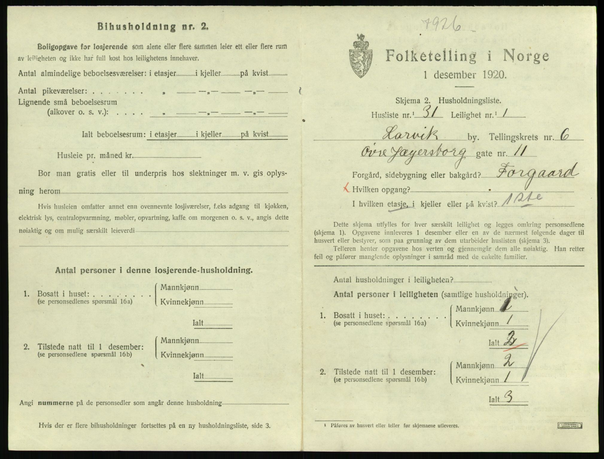 SAKO, 1920 census for Larvik, 1920, p. 5506