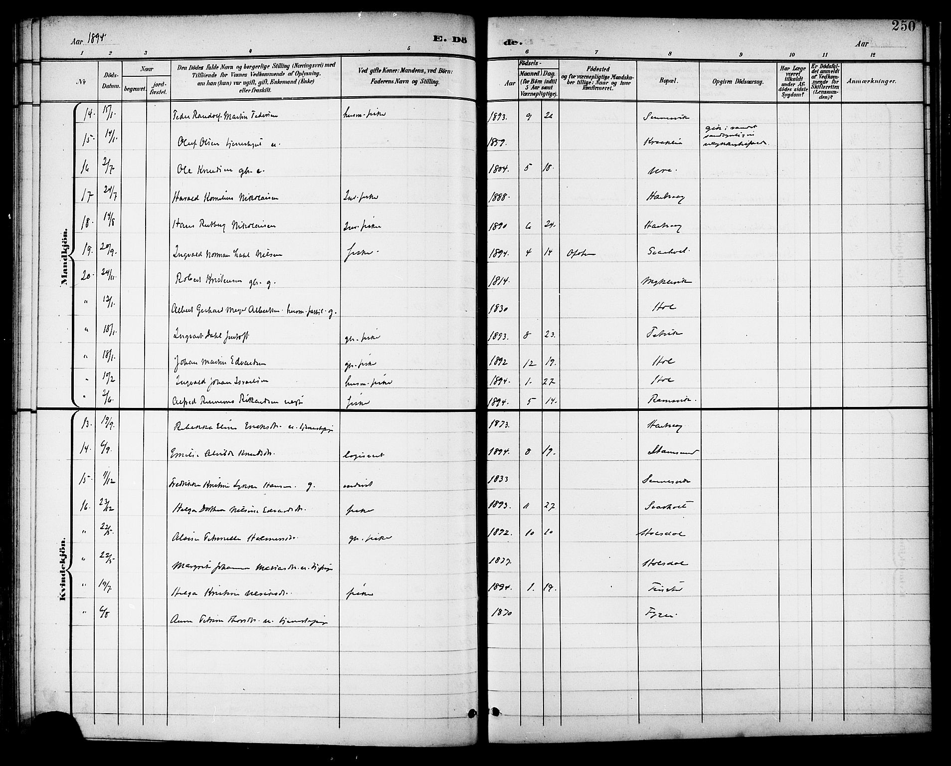 Ministerialprotokoller, klokkerbøker og fødselsregistre - Nordland, SAT/A-1459/882/L1179: Parish register (official) no. 882A01, 1886-1898, p. 250