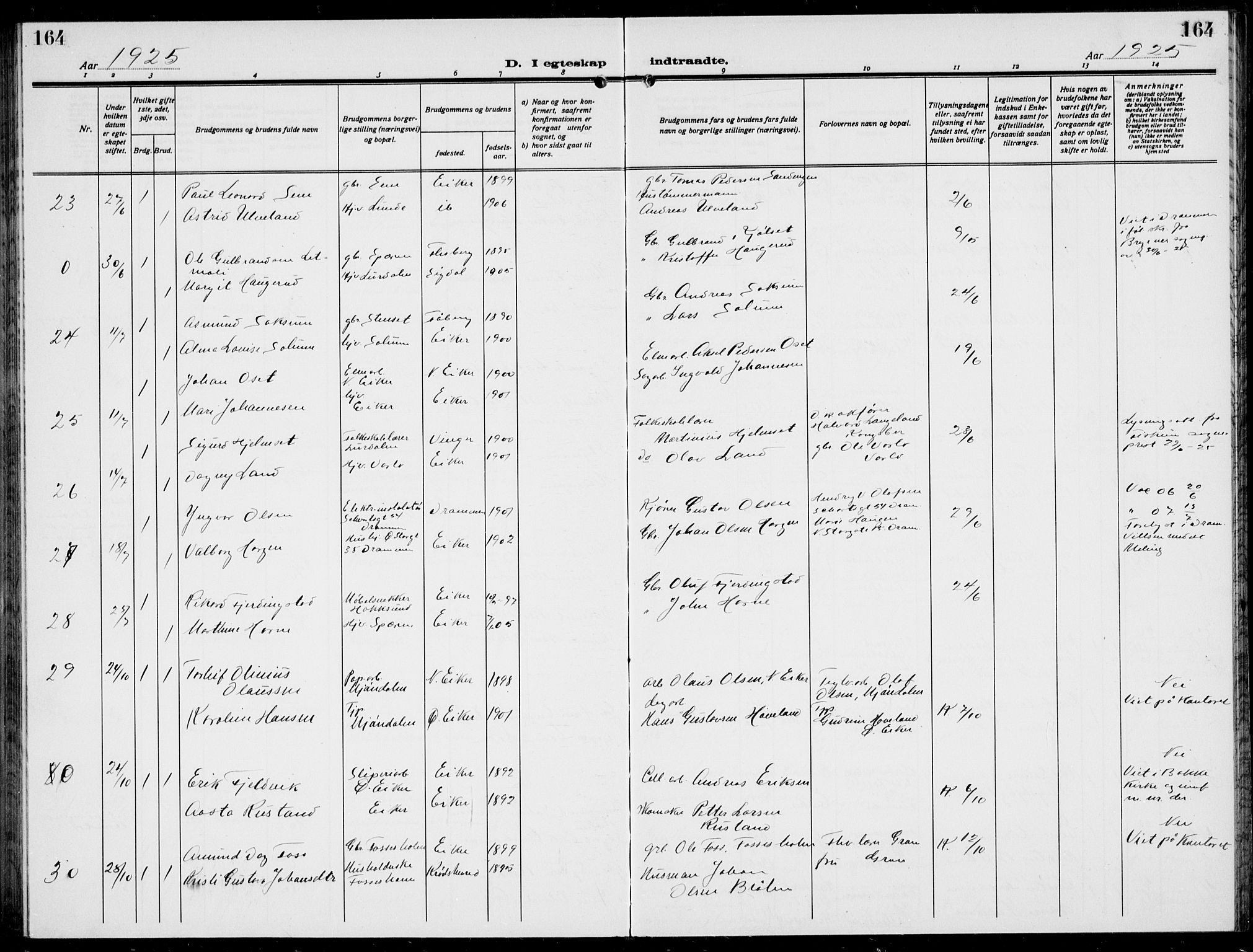 Eiker kirkebøker, AV/SAKO-A-4/G/Ga/L0010: Parish register (copy) no. I 10, 1925-1934, p. 164