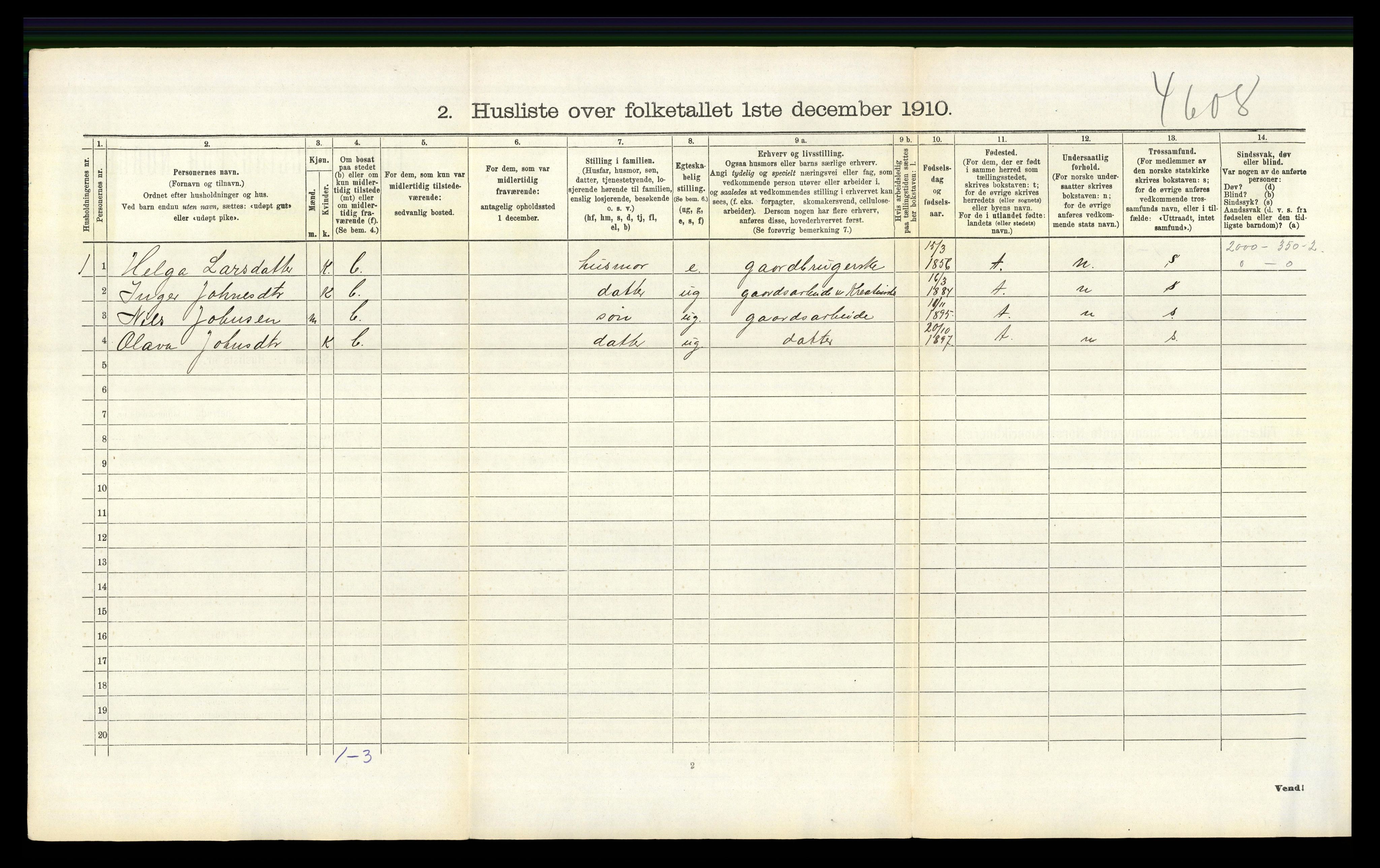 RA, 1910 census for Vikedal, 1910, p. 488
