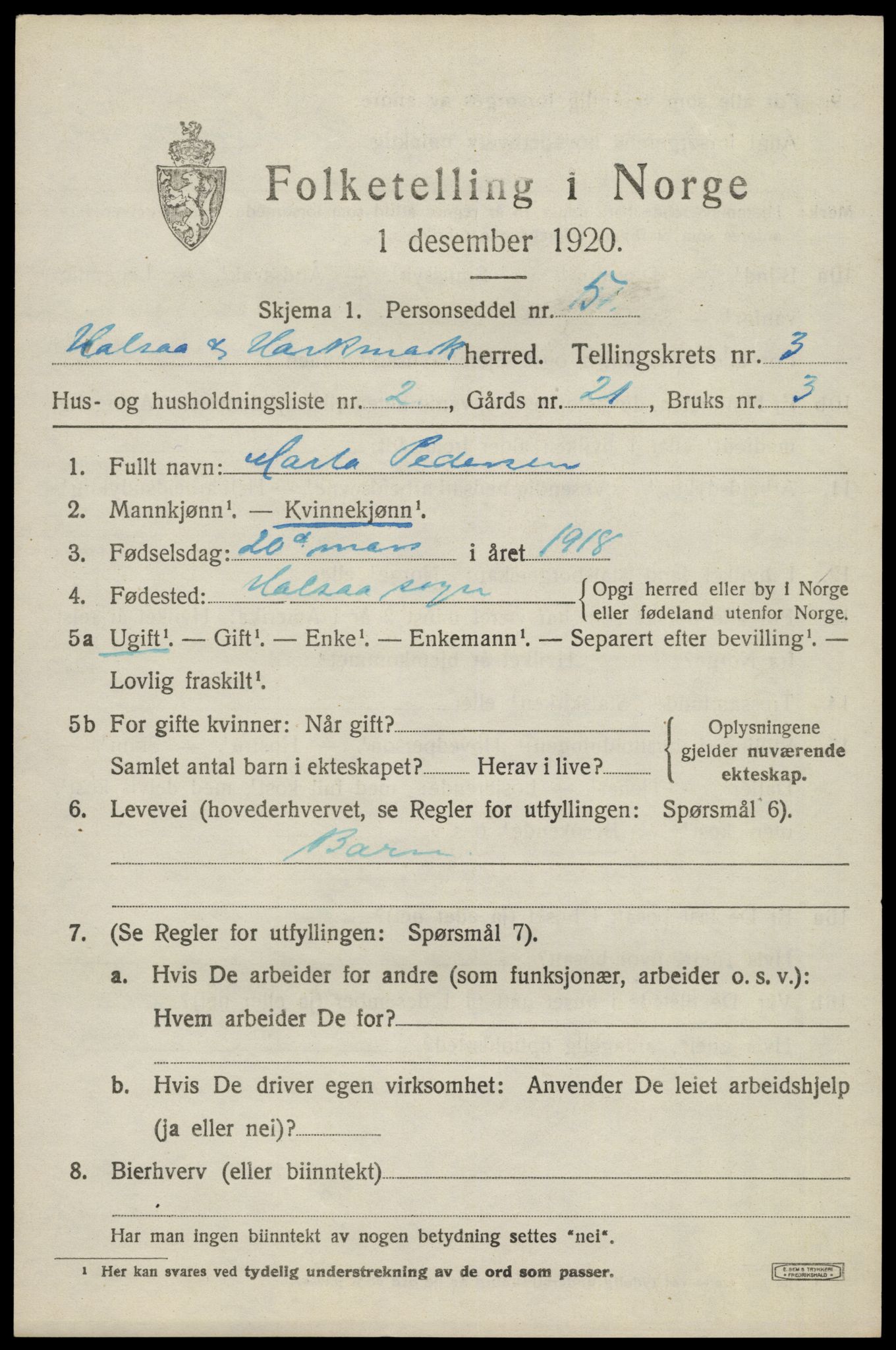 SAK, 1920 census for Halse og Harkmark, 1920, p. 2433