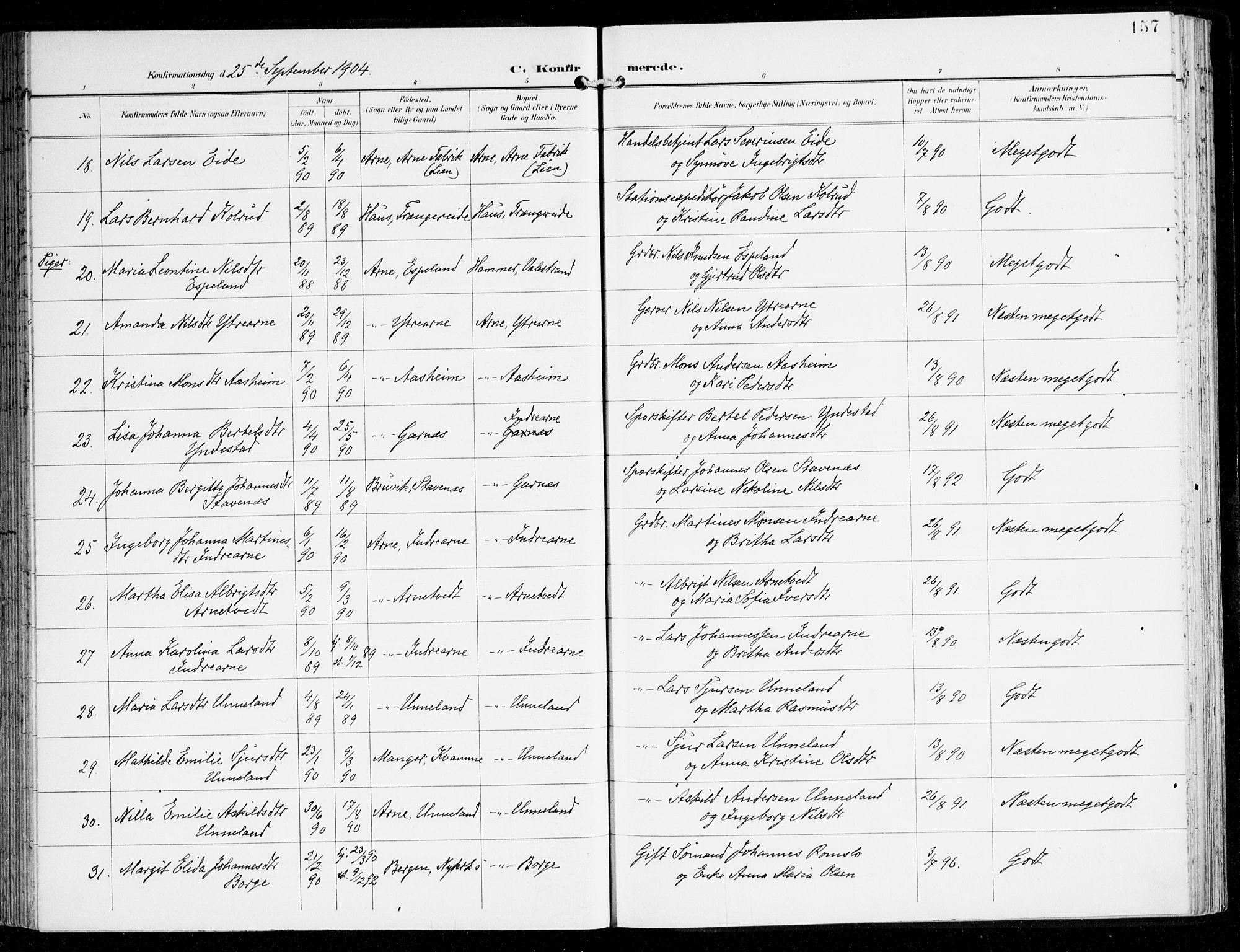 Haus sokneprestembete, AV/SAB-A-75601/H/Haa: Parish register (official) no. D 2, 1899-1912, p. 157