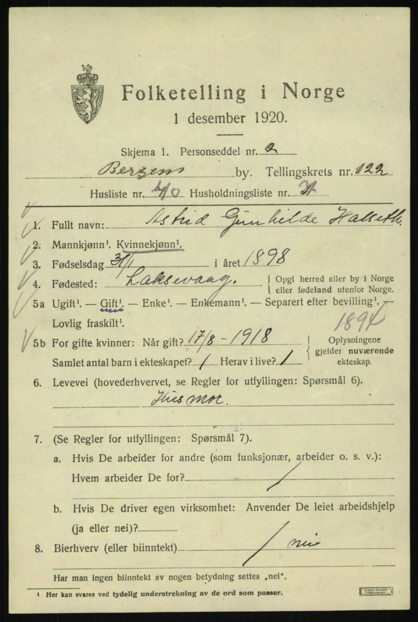 SAB, 1920 census for Bergen, 1920, p. 206530
