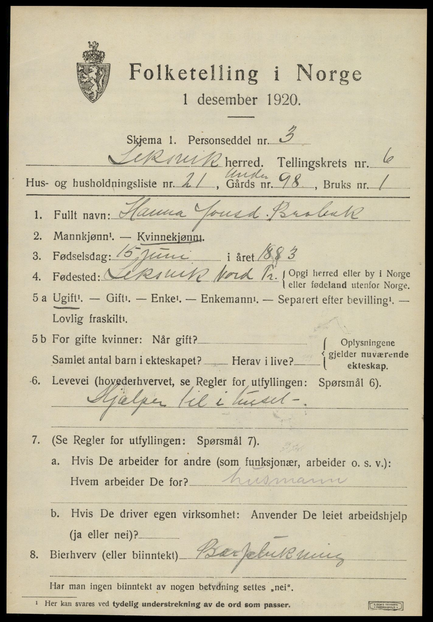 SAT, 1920 census for Leksvik, 1920, p. 5680