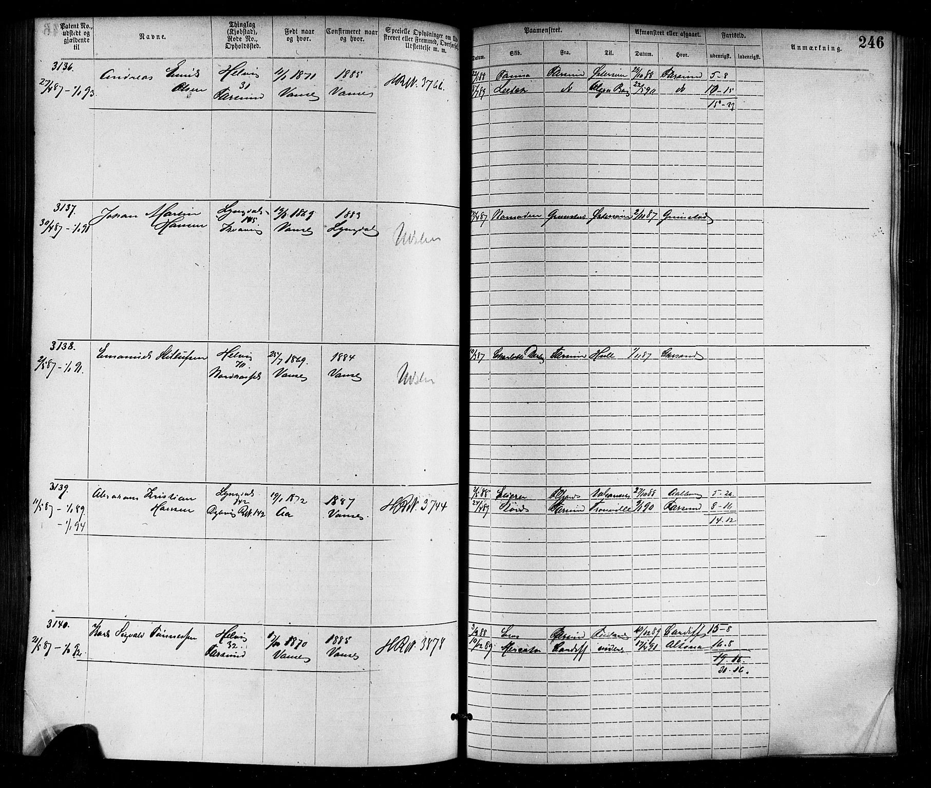 Farsund mønstringskrets, SAK/2031-0017/F/Fa/L0006: Annotasjonsrulle nr 1911-3805 med register, Z-3, 1877-1894, p. 278