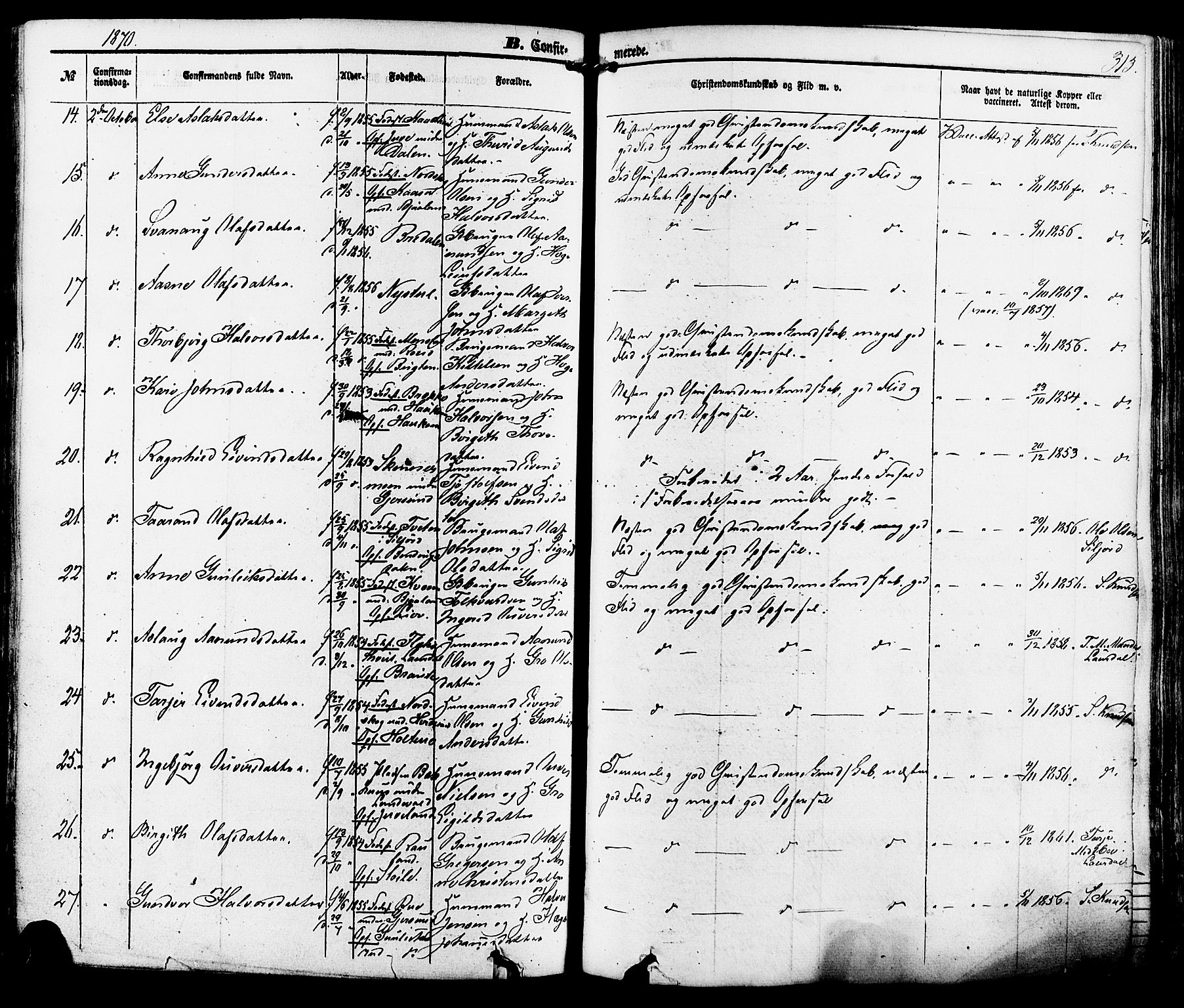 Kviteseid kirkebøker, AV/SAKO-A-276/F/Fa/L0007: Parish register (official) no. I 7, 1859-1881, p. 313