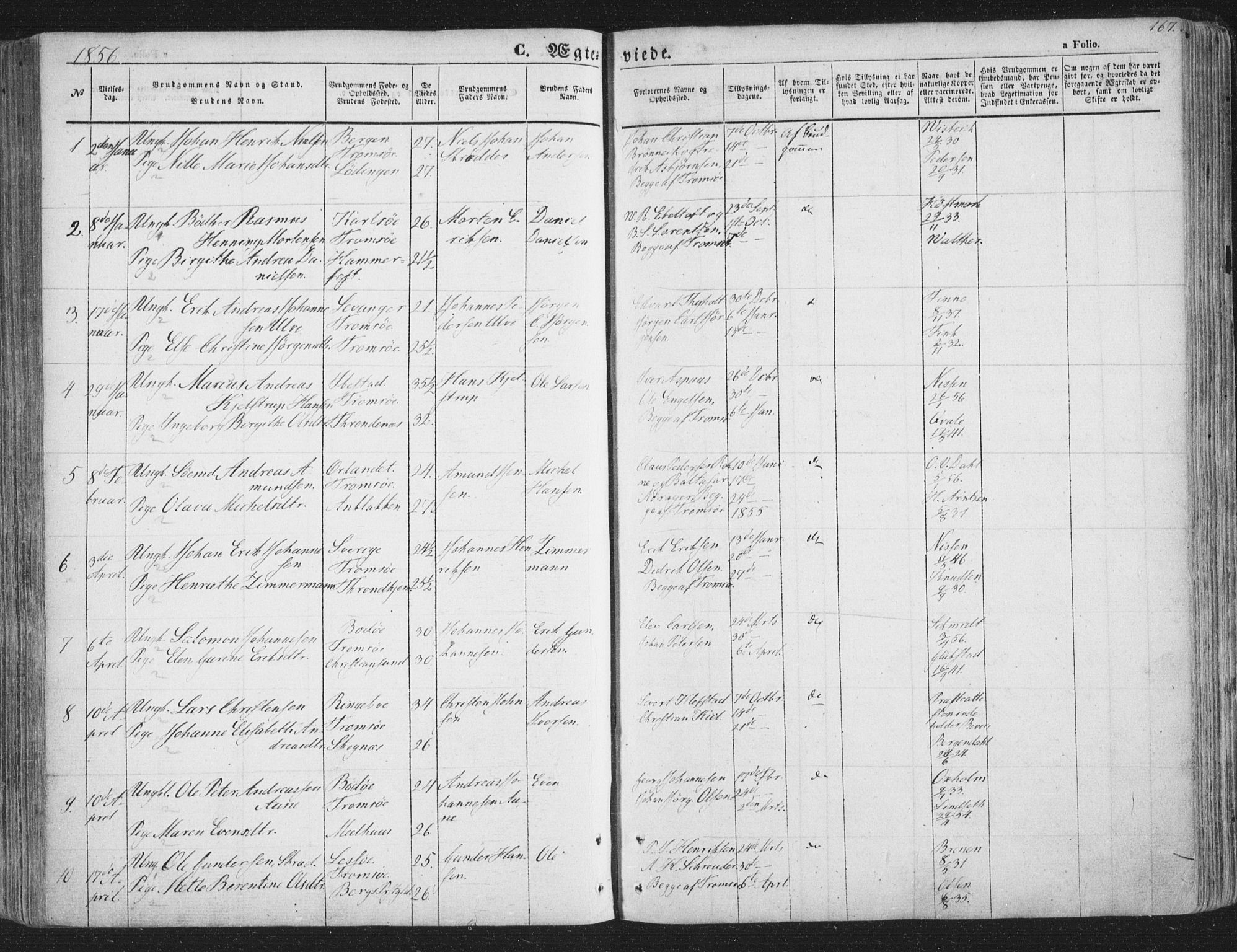 Tromsø sokneprestkontor/stiftsprosti/domprosti, AV/SATØ-S-1343/G/Ga/L0011kirke: Parish register (official) no. 11, 1856-1865, p. 167