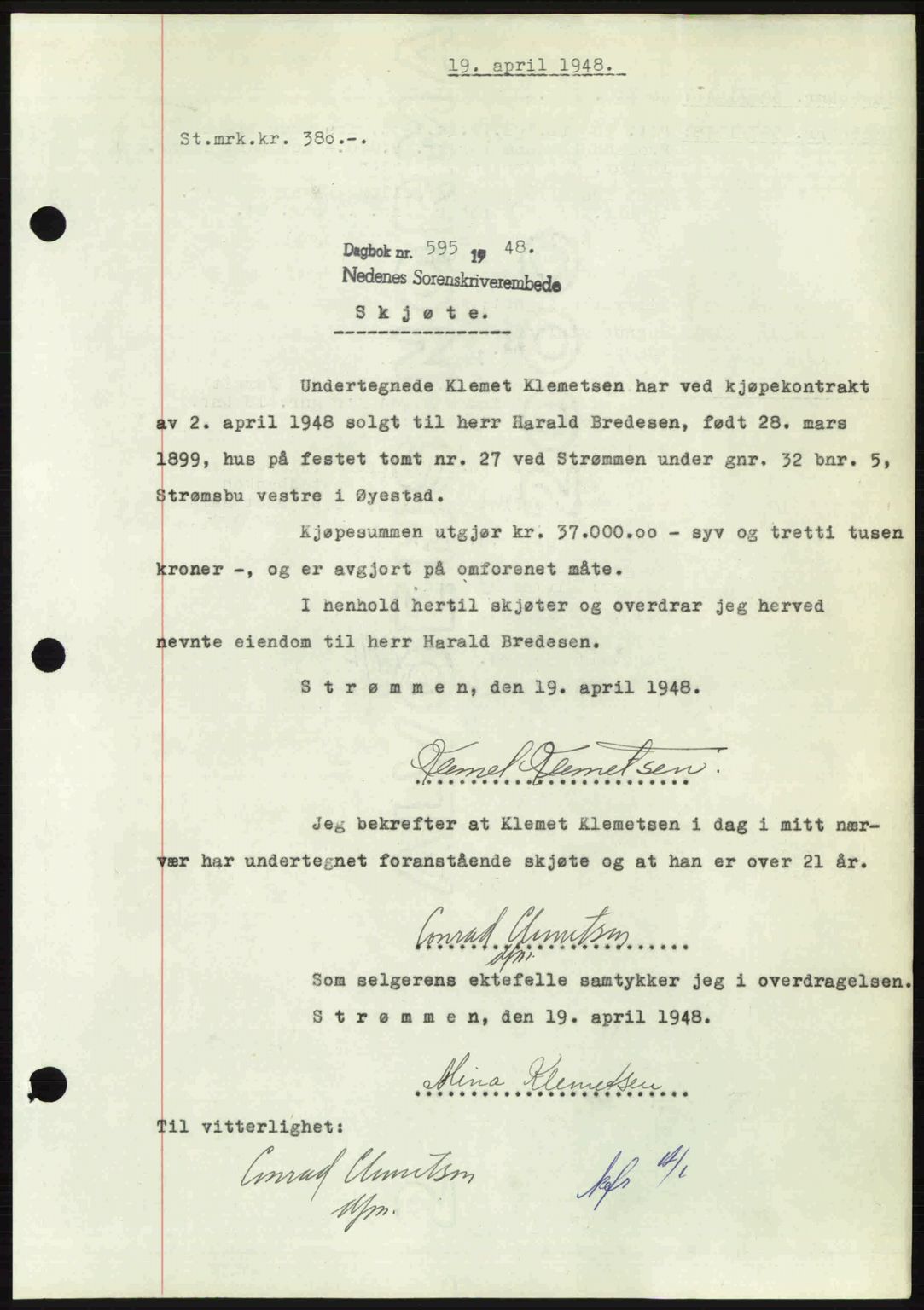 Nedenes sorenskriveri, AV/SAK-1221-0006/G/Gb/Gba/L0059: Mortgage book no. A11, 1948-1948, Diary no: : 595/1948