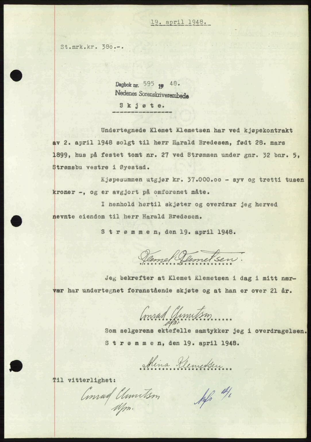 Nedenes sorenskriveri, SAK/1221-0006/G/Gb/Gba/L0059: Mortgage book no. A11, 1948-1948, Diary no: : 595/1948