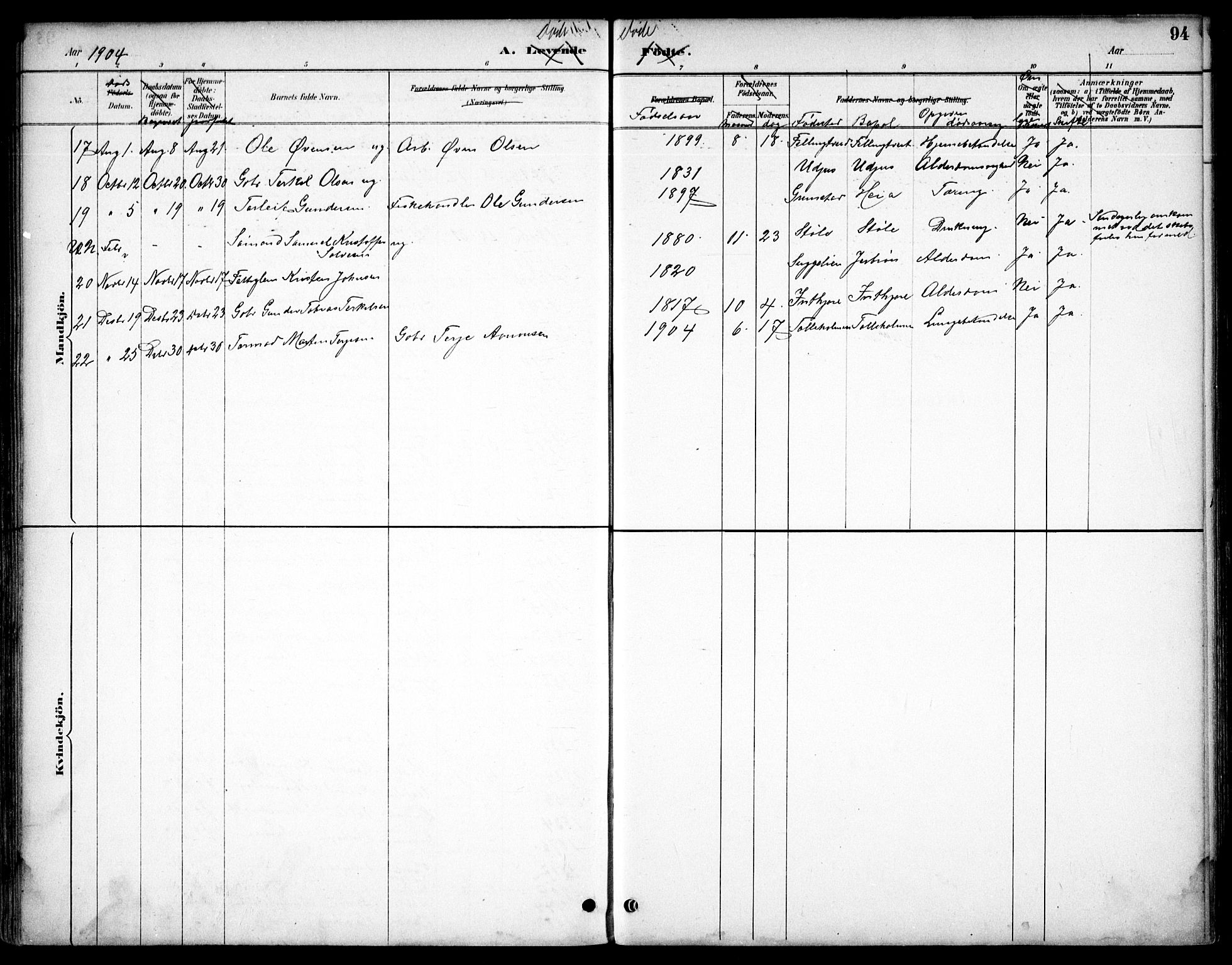 Hommedal sokneprestkontor, AV/SAK-1111-0023/F/Fb/Fbb/L0007: Parish register (copy) no. B 7, 1885-1904, p. 94