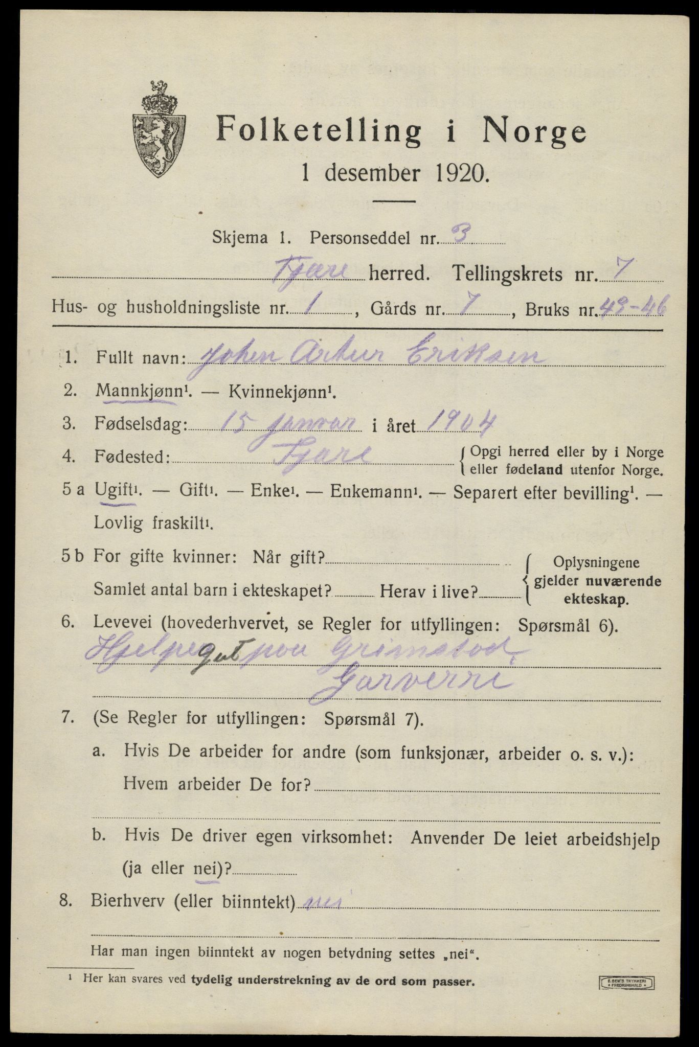 SAK, 1920 census for Fjære, 1920, p. 8545