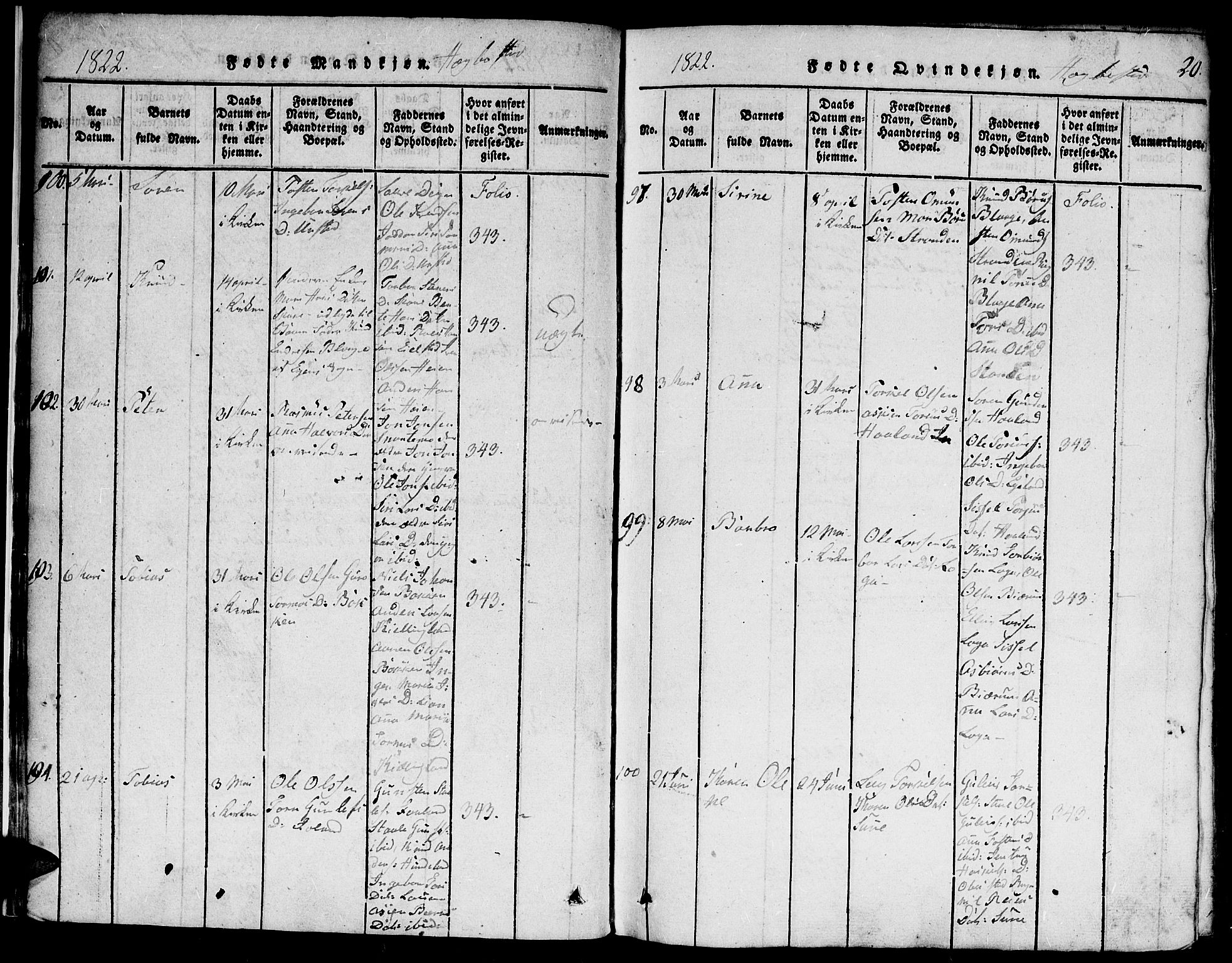 Hægebostad sokneprestkontor, AV/SAK-1111-0024/F/Fa/Faa/L0002: Parish register (official) no. A 2 /1, 1816-1825, p. 20