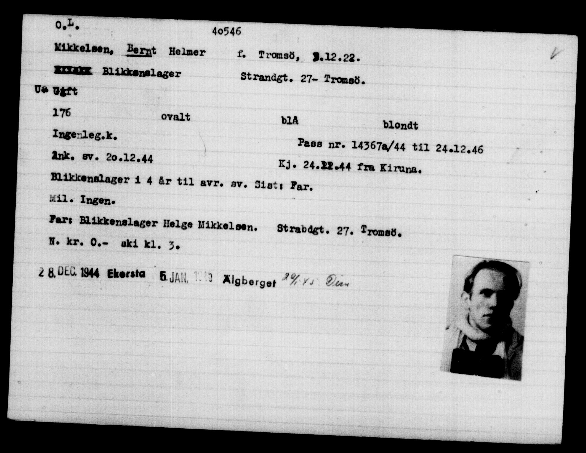 Utenriksstasjonene, Legasjonen i Stockholm, Flyktningkontoret, AV/RA-S-6753/V/Va/L0015: Kjesäterkartoteket, flyktninger med registreringsnr. 37800-40770, 1940-1945, p. 2850