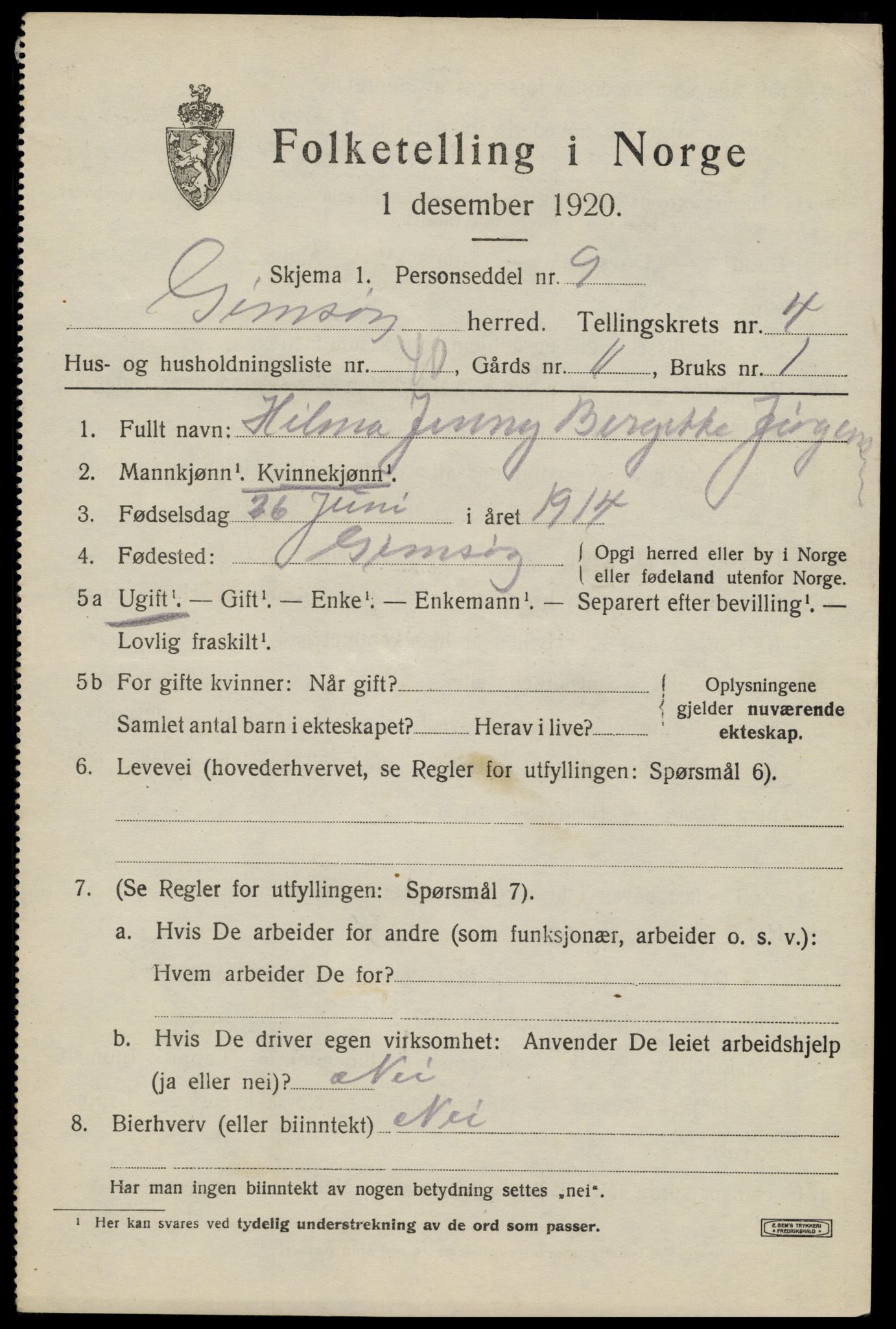 SAT, 1920 census for Gimsøy, 1920, p. 2521