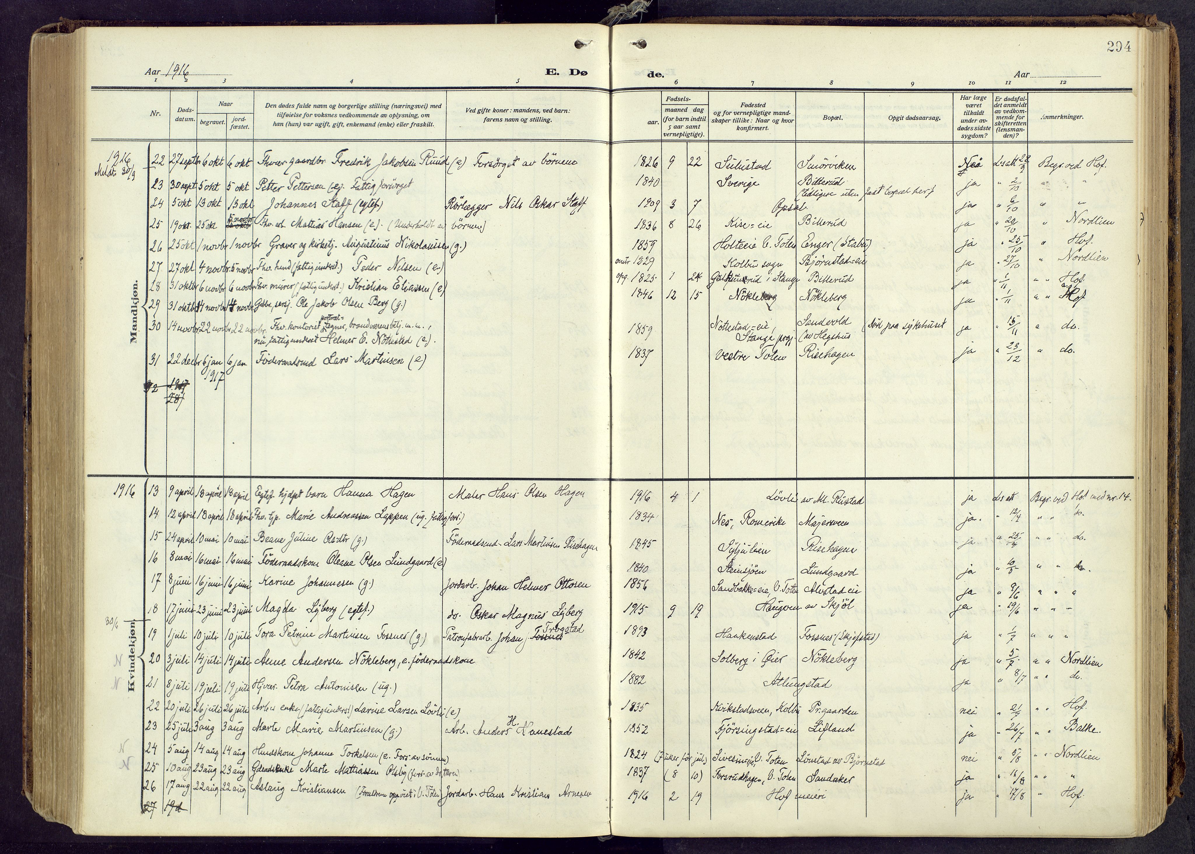 Østre Toten prestekontor, AV/SAH-PREST-104/H/Ha/Haa/L0010: Parish register (official) no. 10, 1910-1920, p. 294