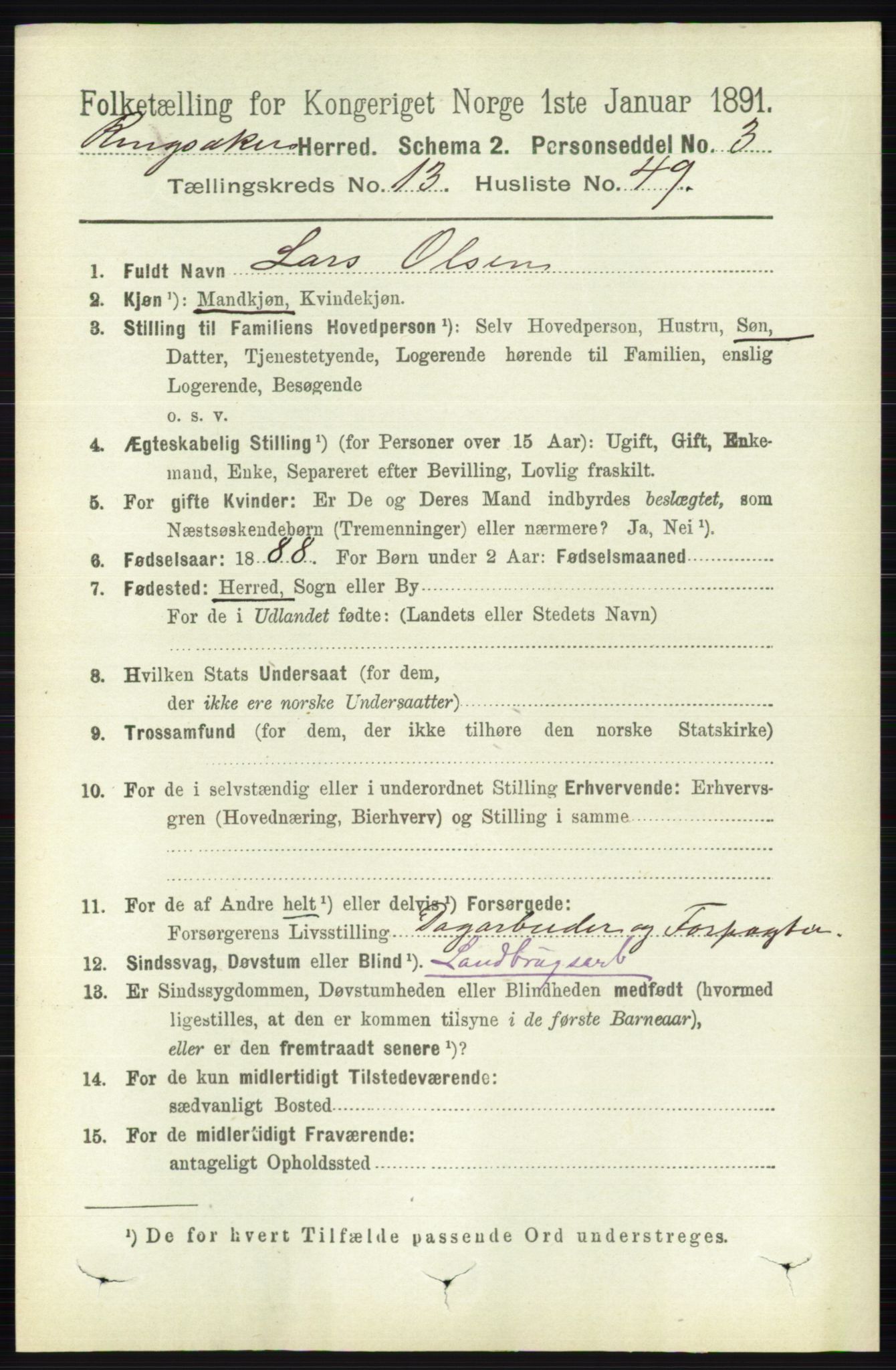 RA, 1891 census for 0412 Ringsaker, 1891, p. 7476