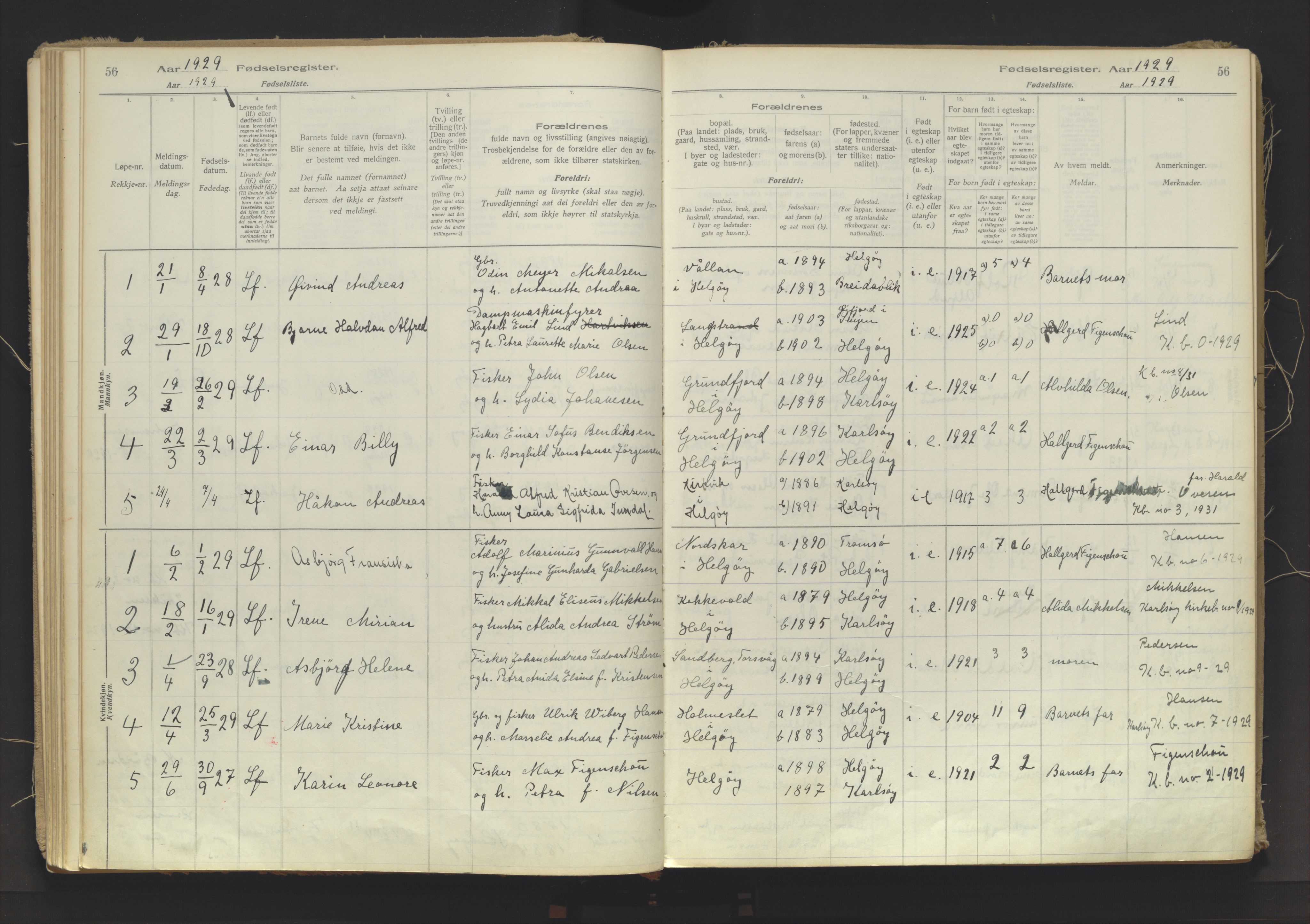 Karlsøy sokneprestembete, AV/SATØ-S-1299/I/Ic/L0067: Birth register no. 67, 1916-1958, p. 56