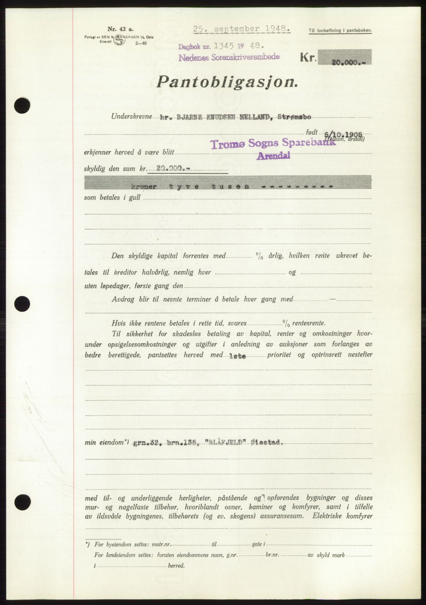 Nedenes sorenskriveri, AV/SAK-1221-0006/G/Gb/Gbb/L0005: Mortgage book no. B5, 1948-1948, Diary no: : 1345/1948