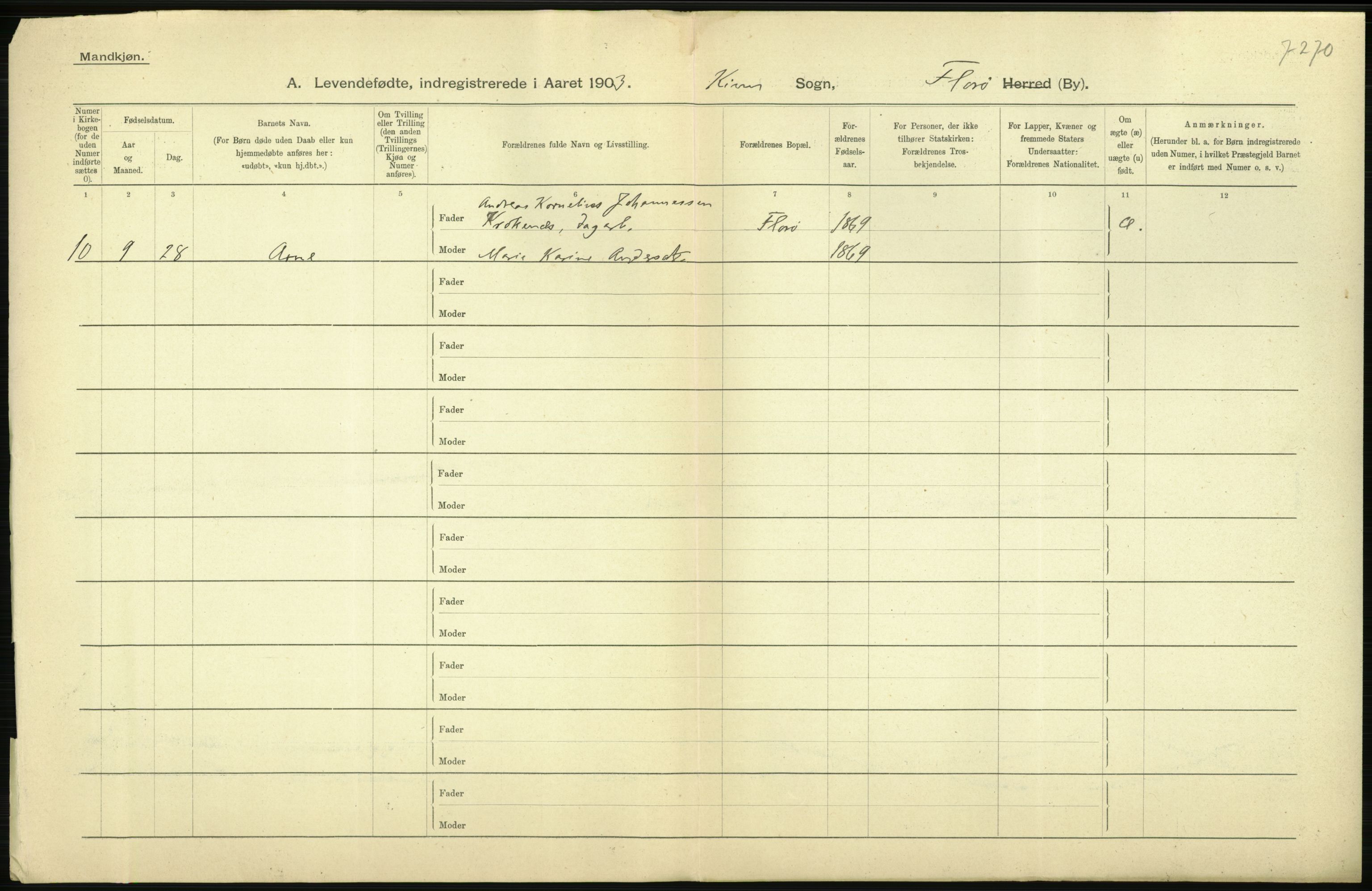 Statistisk sentralbyrå, Sosiodemografiske emner, Befolkning, AV/RA-S-2228/D/Df/Dfa/Dfaa/L0023: Florø: Fødte, gifte, døde., 1903, p. 4