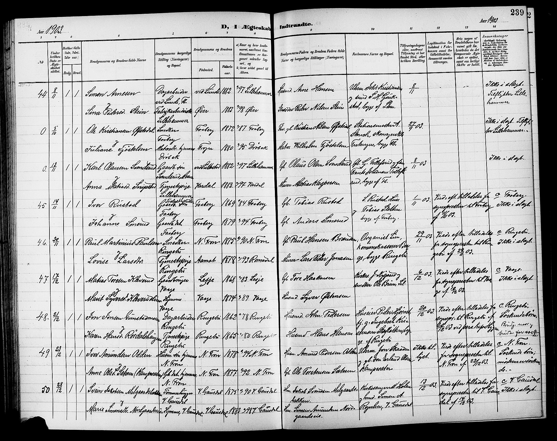 Lillehammer prestekontor, AV/SAH-PREST-088/H/Ha/Hab/L0001: Parish register (copy) no. 1, 1901-1913, p. 239