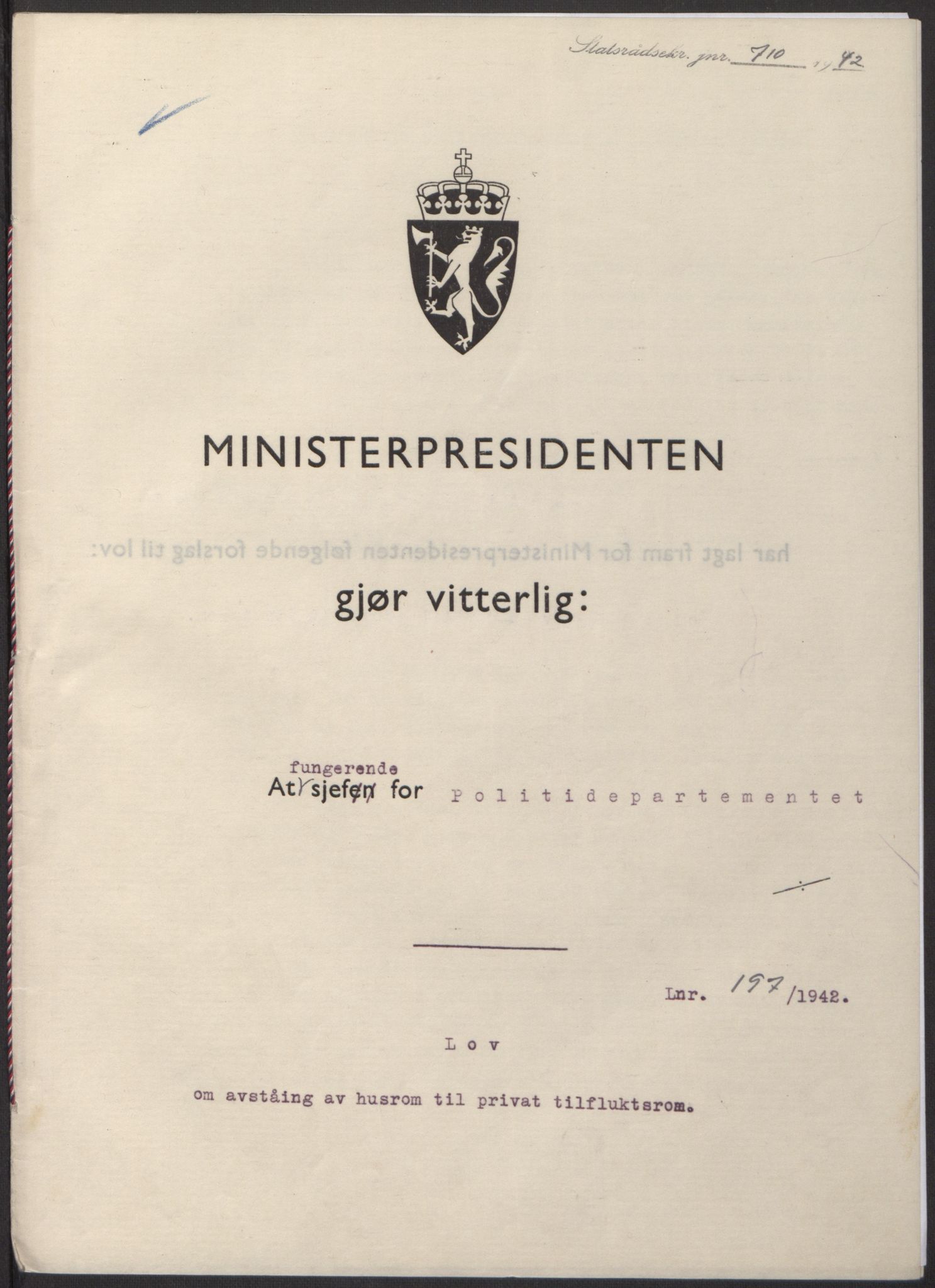 NS-administrasjonen 1940-1945 (Statsrådsekretariatet, de kommisariske statsråder mm), RA/S-4279/D/Db/L0098: Lover II, 1942, p. 409