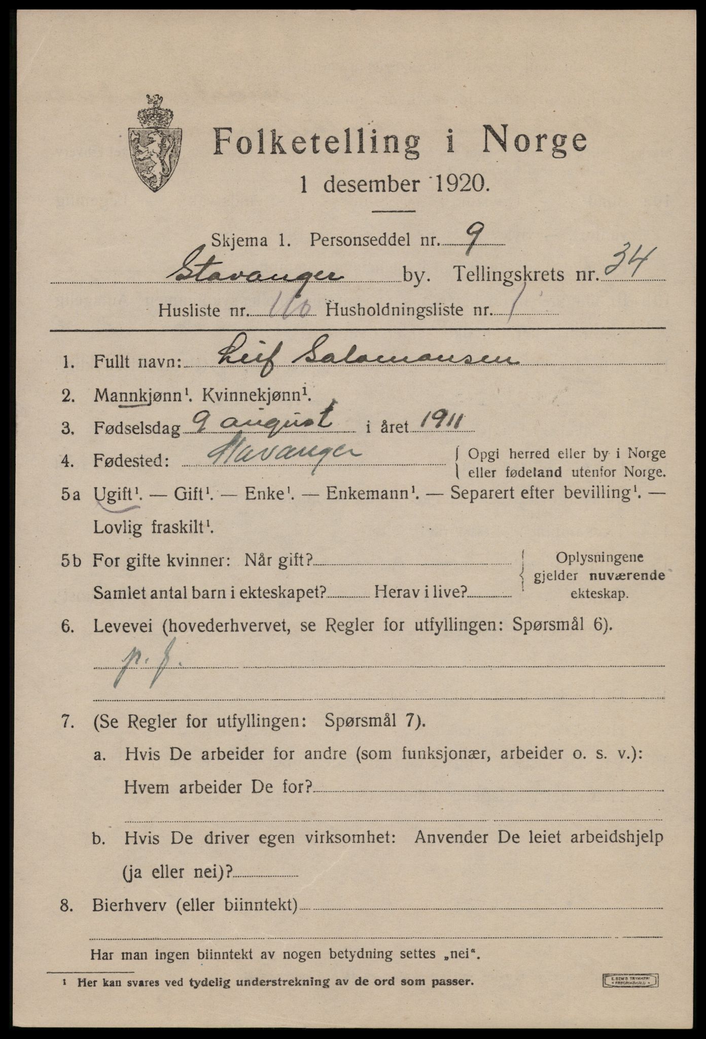 SAST, 1920 census for Stavanger, 1920, p. 93962