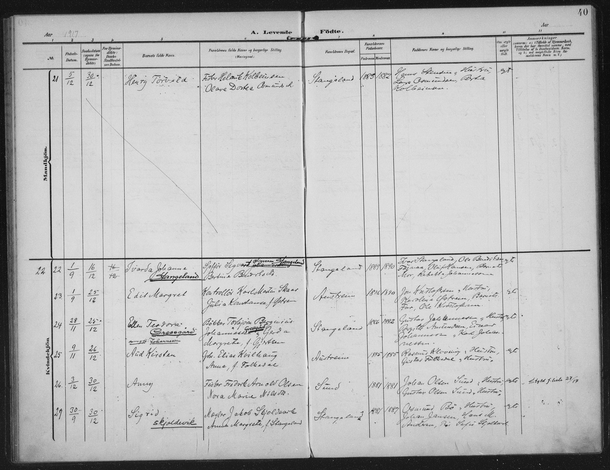 Kopervik sokneprestkontor, AV/SAST-A-101850/H/Ha/Haa/L0003: Parish register (official) no. A 3, 1906-1924, p. 40