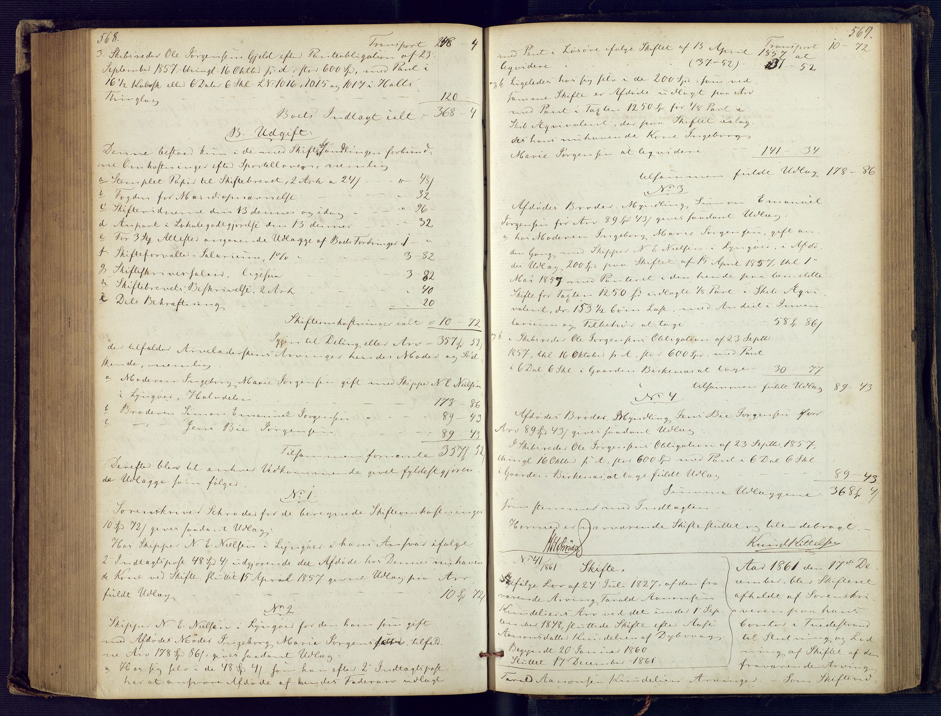 Holt sorenskriveri, SAK/1221-0002/H/Hc/L0029: Skifteutlodningsprotokoll nr. 4 med løst register, 1857-1862, p. 568-569